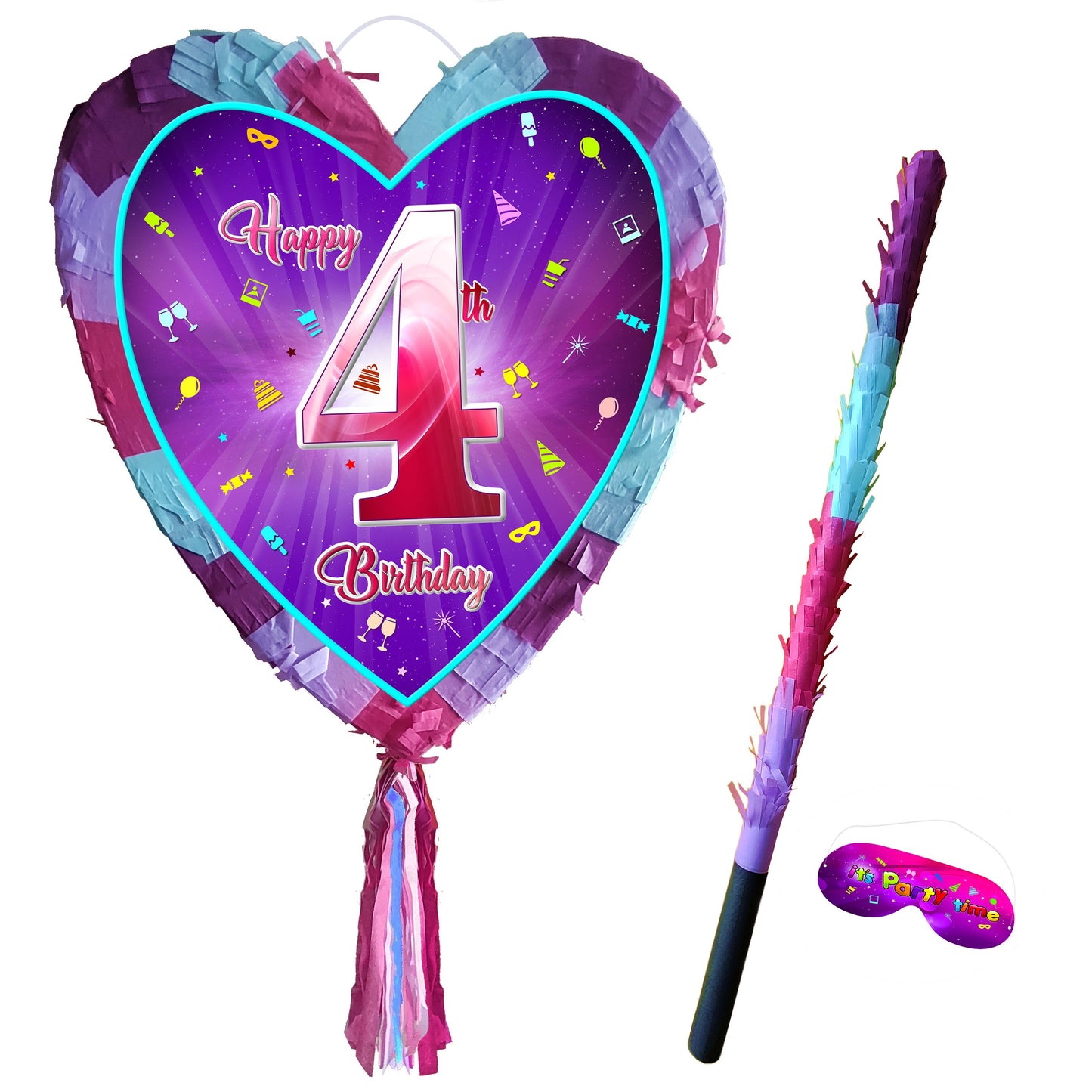 4th Birthday heart pinata with stick fourth Piñata girls Party love theme supplies happy Smash Game number four years pink unicorn Fun UK 4