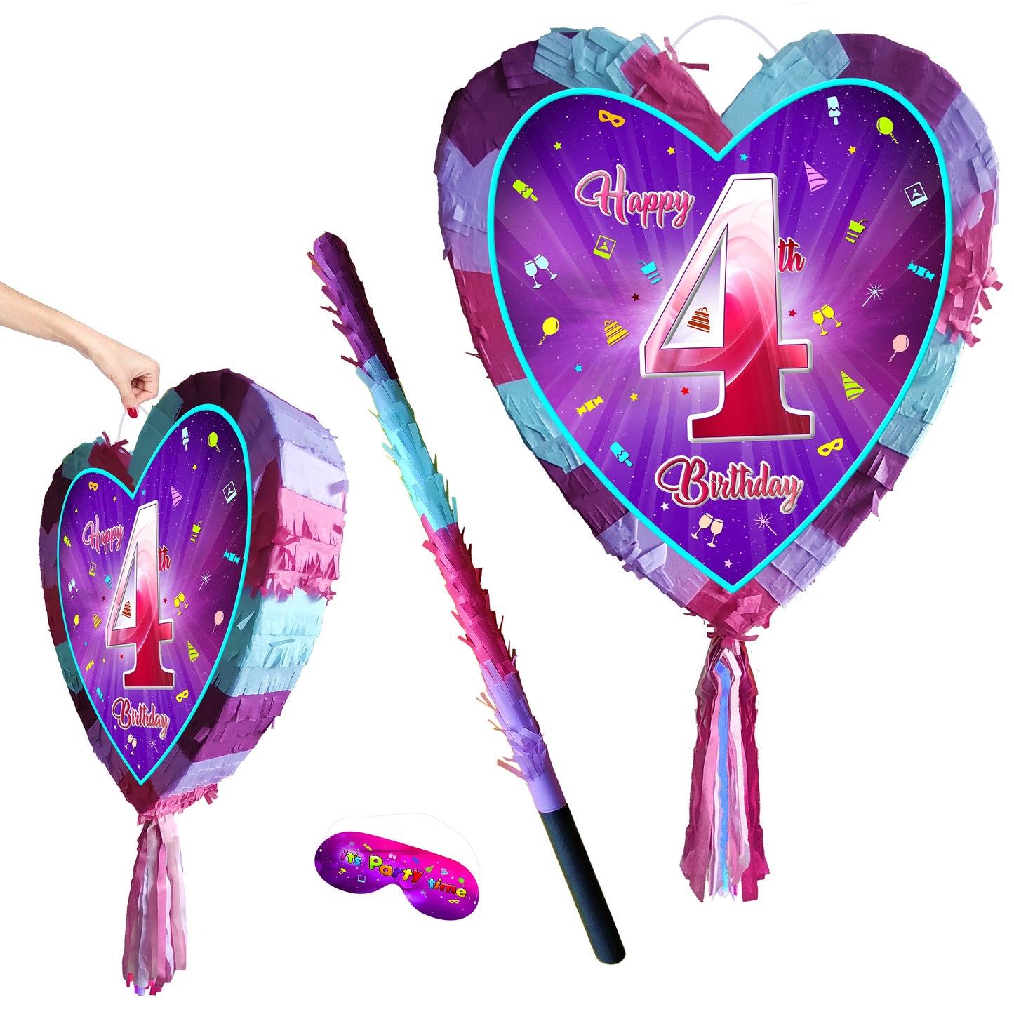 4th Birthday heart pinata with stick fourth Piñata girls Party love theme supplies happy Smash Game number four years pink unicorn Fun UK 4