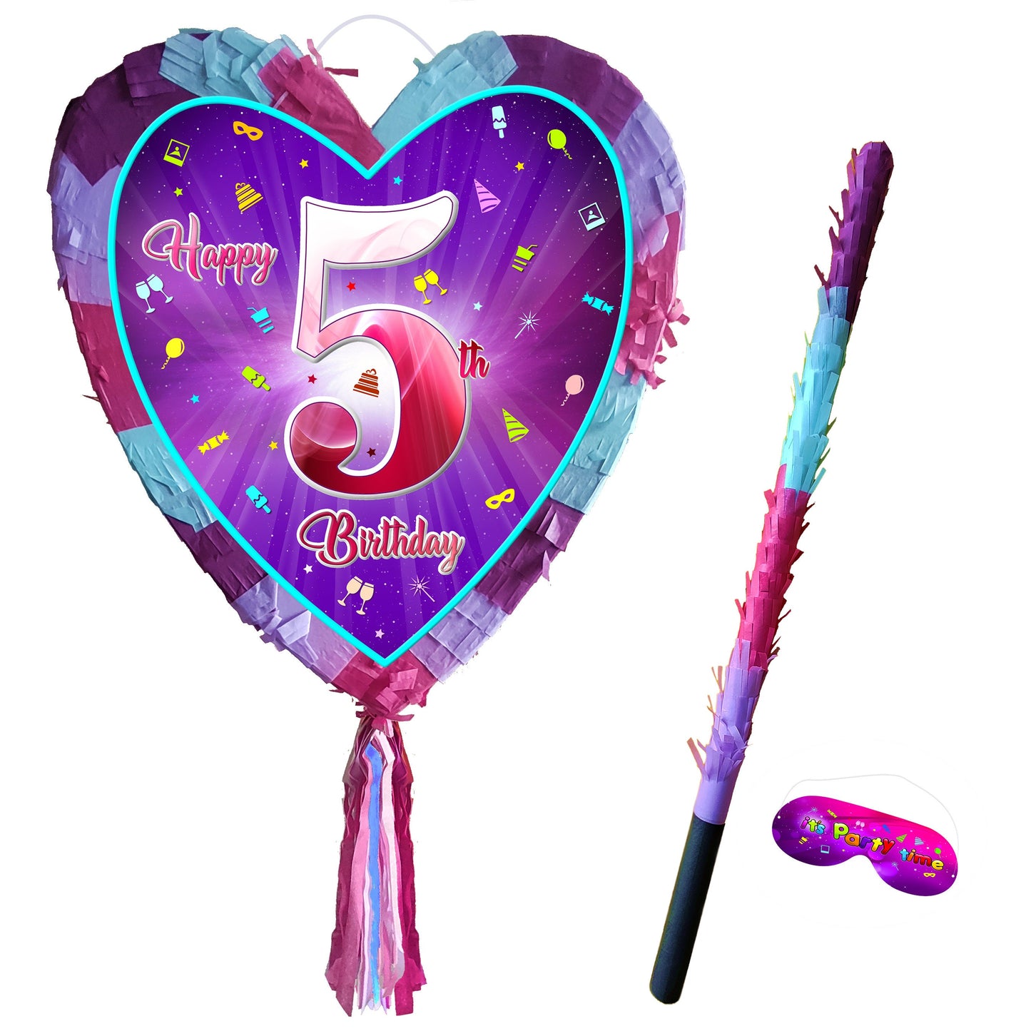 5th Birthday heart pinata with stick fifth Piñata girls Party love theme supplies happy Smash Game number five years pink unicorn Fun UK 5