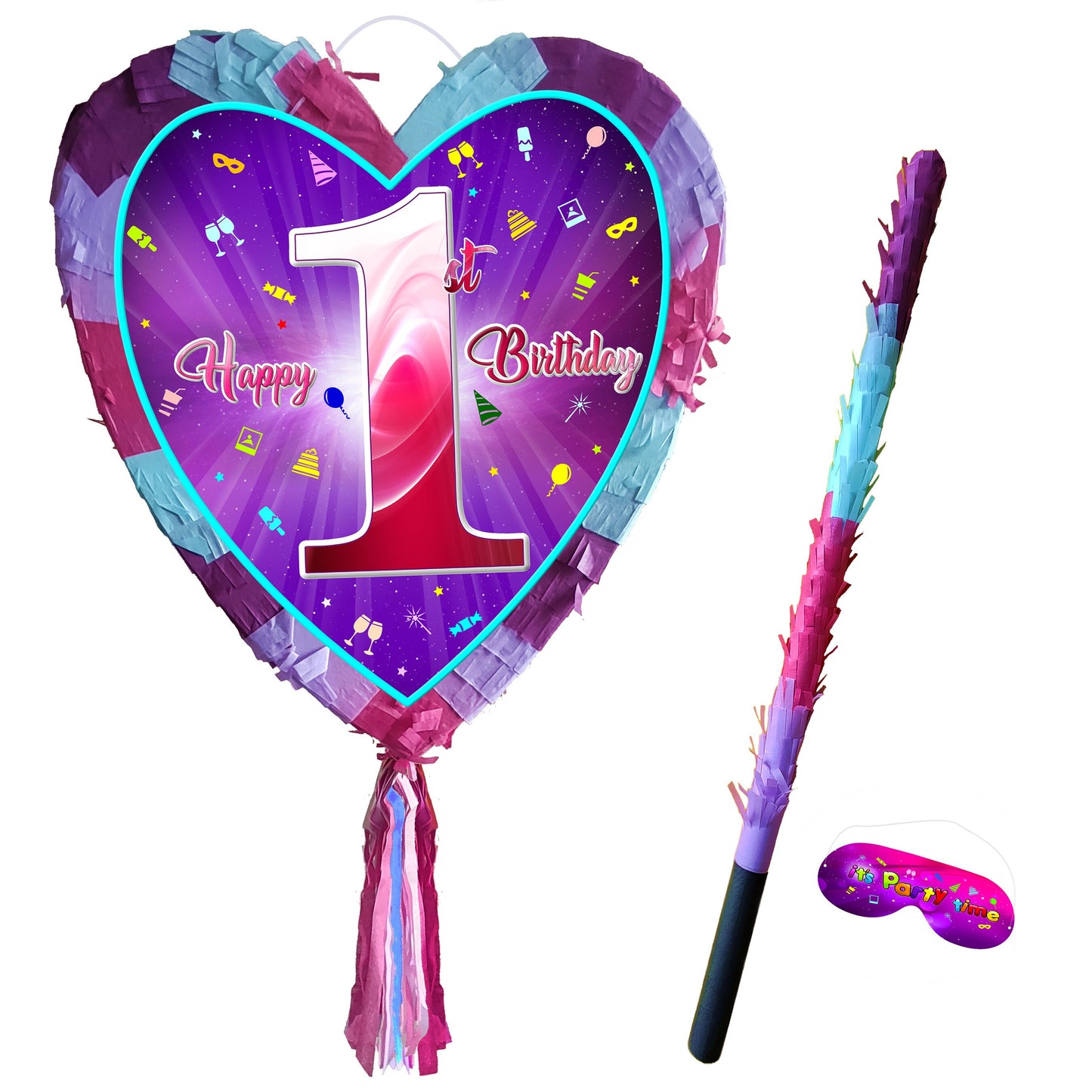 First Birthday heart pinata with stick 1st Piñata girls Party love theme supplies happy Smash Game number one year pink unicorn Fun UK New