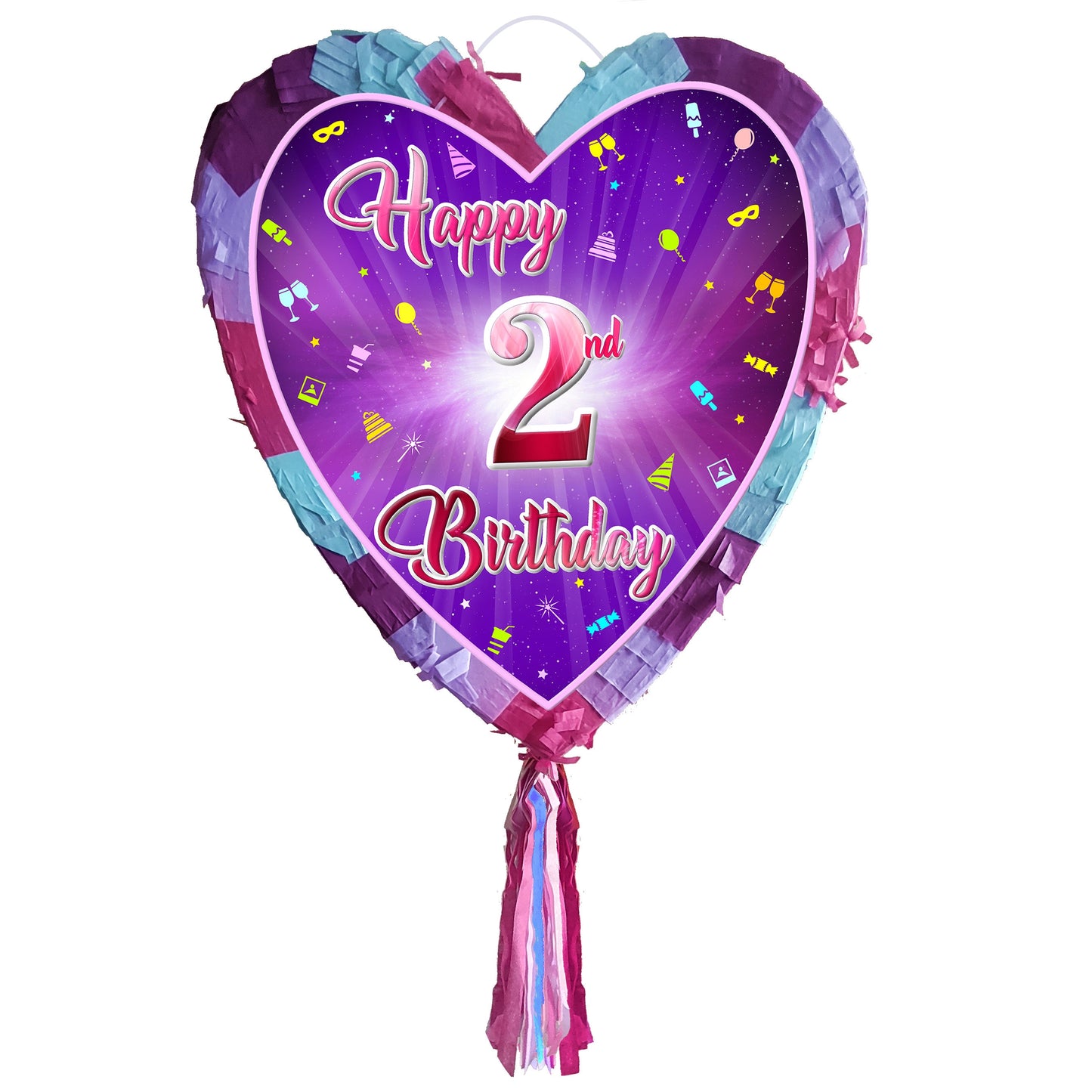 Second Birthday heart pinata with stick 2nd Piñata girls Party love theme supplies happy Smash Game number two year pink unicorn Fun UK New