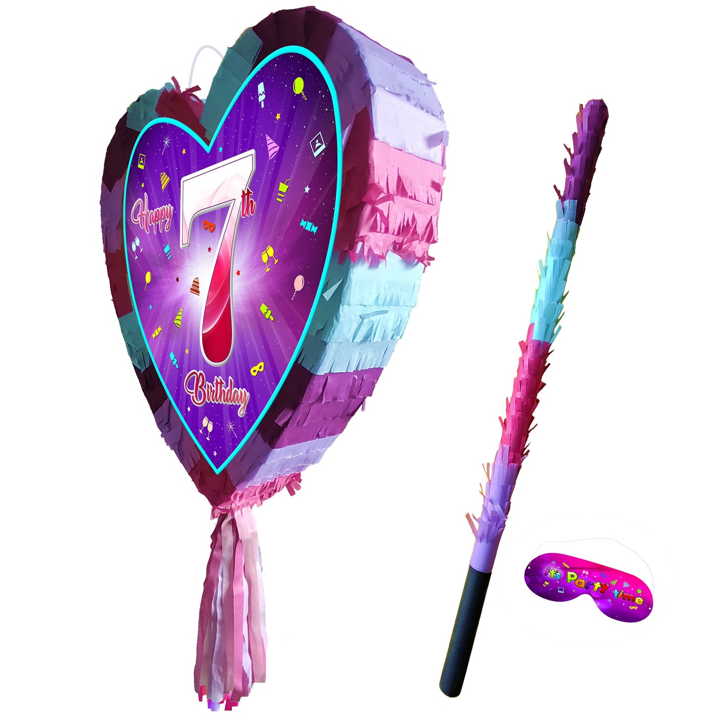 7th Birthday heart pinata with stick seventh Piñata girls Party love theme supplies happy Smash Game seven years pink unicorn Fun UK 7