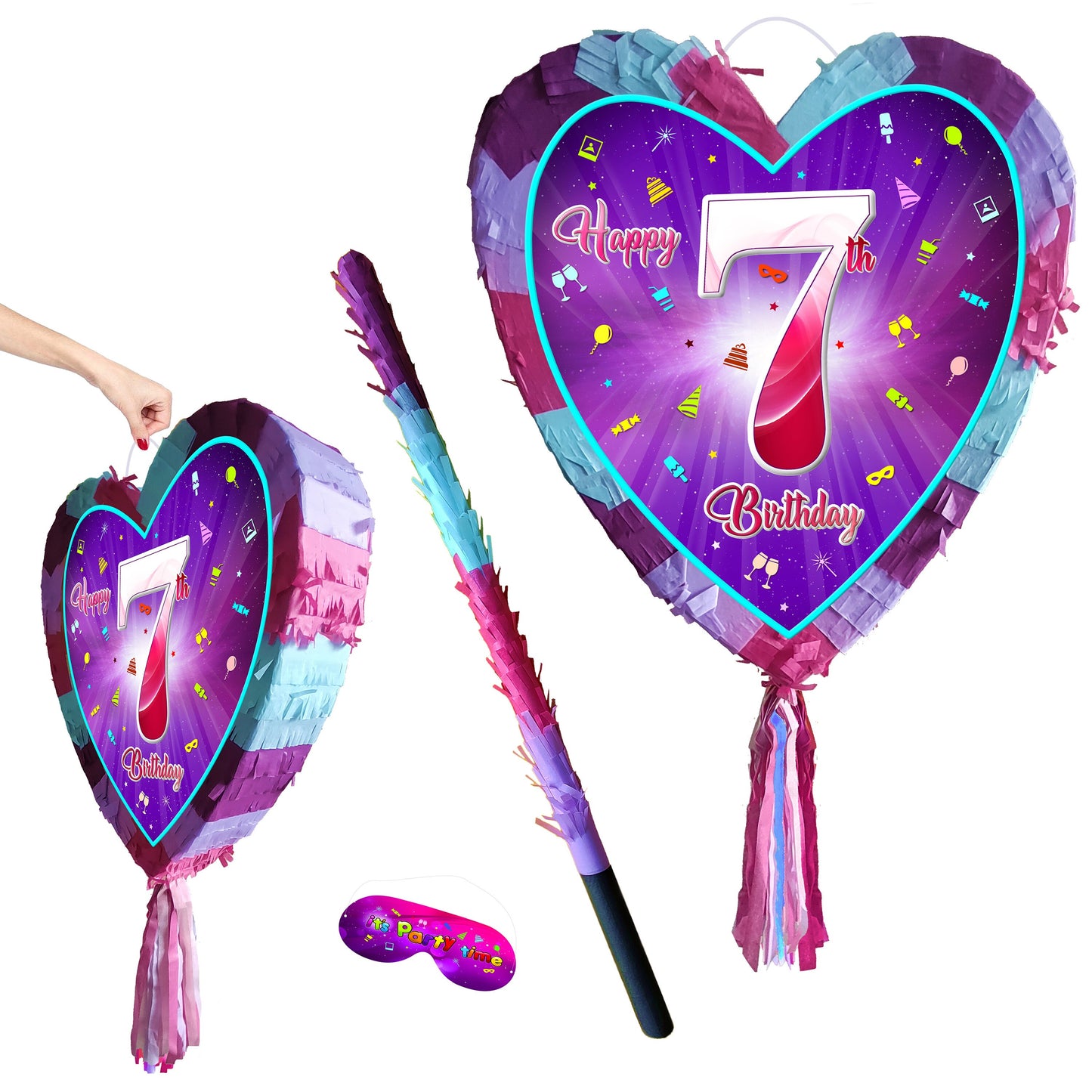 7th Birthday heart pinata with stick seventh Piñata girls Party love theme supplies happy Smash Game seven years pink unicorn Fun UK 7