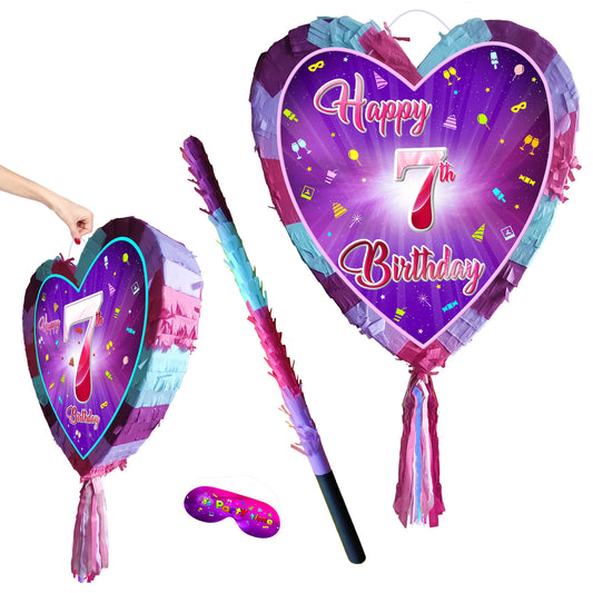 7th Birthday heart pinata with stick seventh Piñata girls Party love theme supplies happy Smash Game seven years pink unicorn Fun UK 7