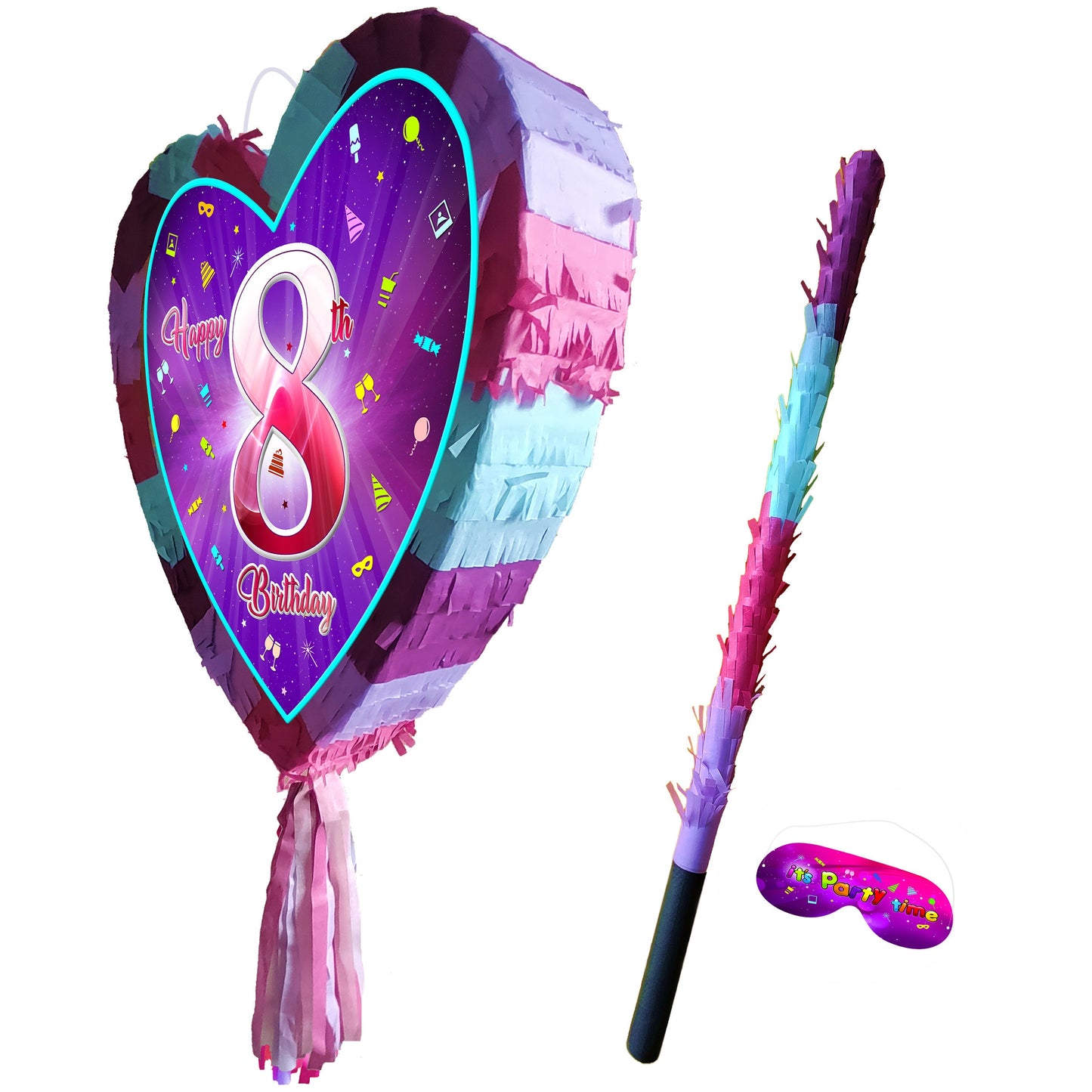 8th Birthday heart pinata with stick eighth Piñata girls Party love theme supplies happy Smash Game number eight years pink unicorn Fun UK 8