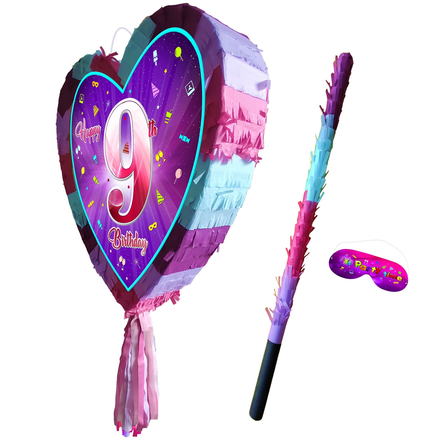 9th Birthday heart pinata with stick ninth Piñata girls Party love theme supplies happy Smash Game number nine years pink unicorn Fun UK 9