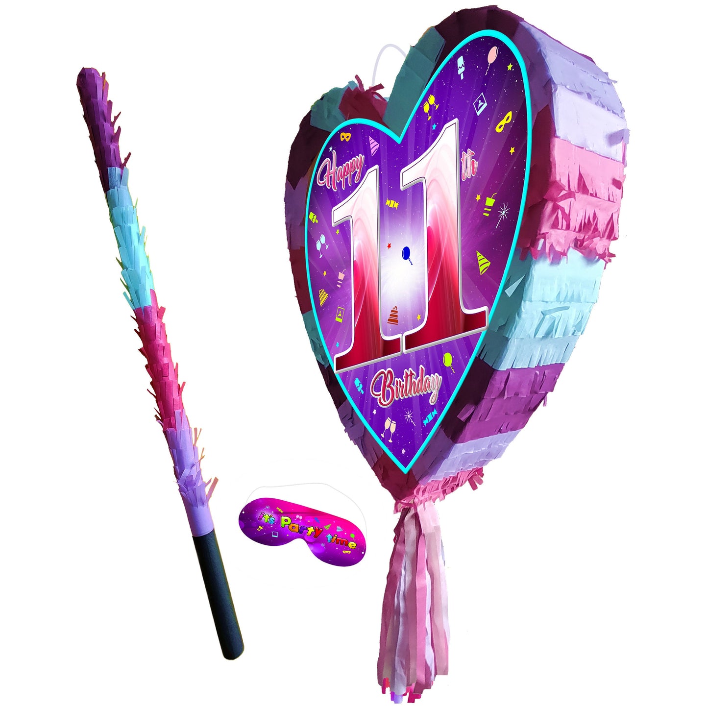 11th Birthday heart pinata with stick eleventh Piñata girls Party love theme supplies happy Smash Game eleven years pink unicorn Fun UK 11