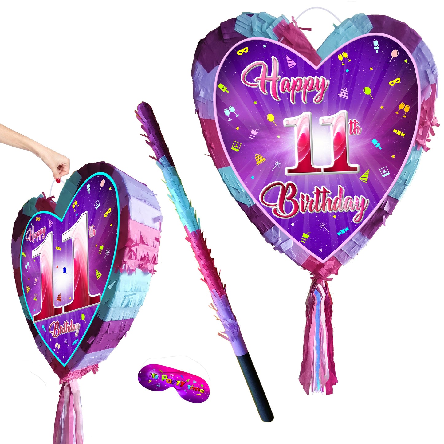 11th Birthday heart pinata with stick eleventh Piñata girls Party love theme supplies happy Smash Game eleven years pink unicorn Fun UK 11