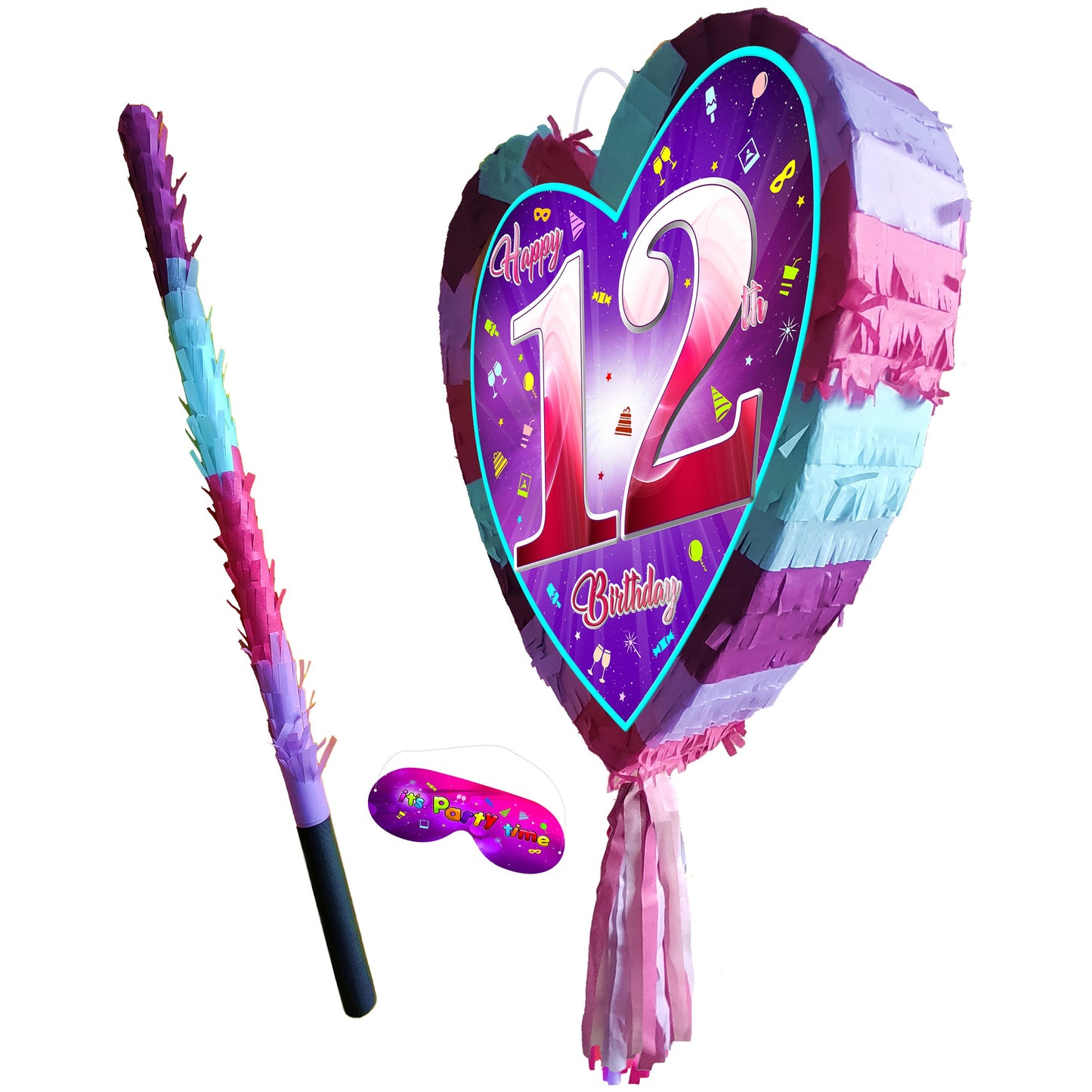 12th Birthday heart pinata with stick twelfth Piñata girls Party love theme supplies happy Smash Game twelve years pink unicorn Fun UK 12