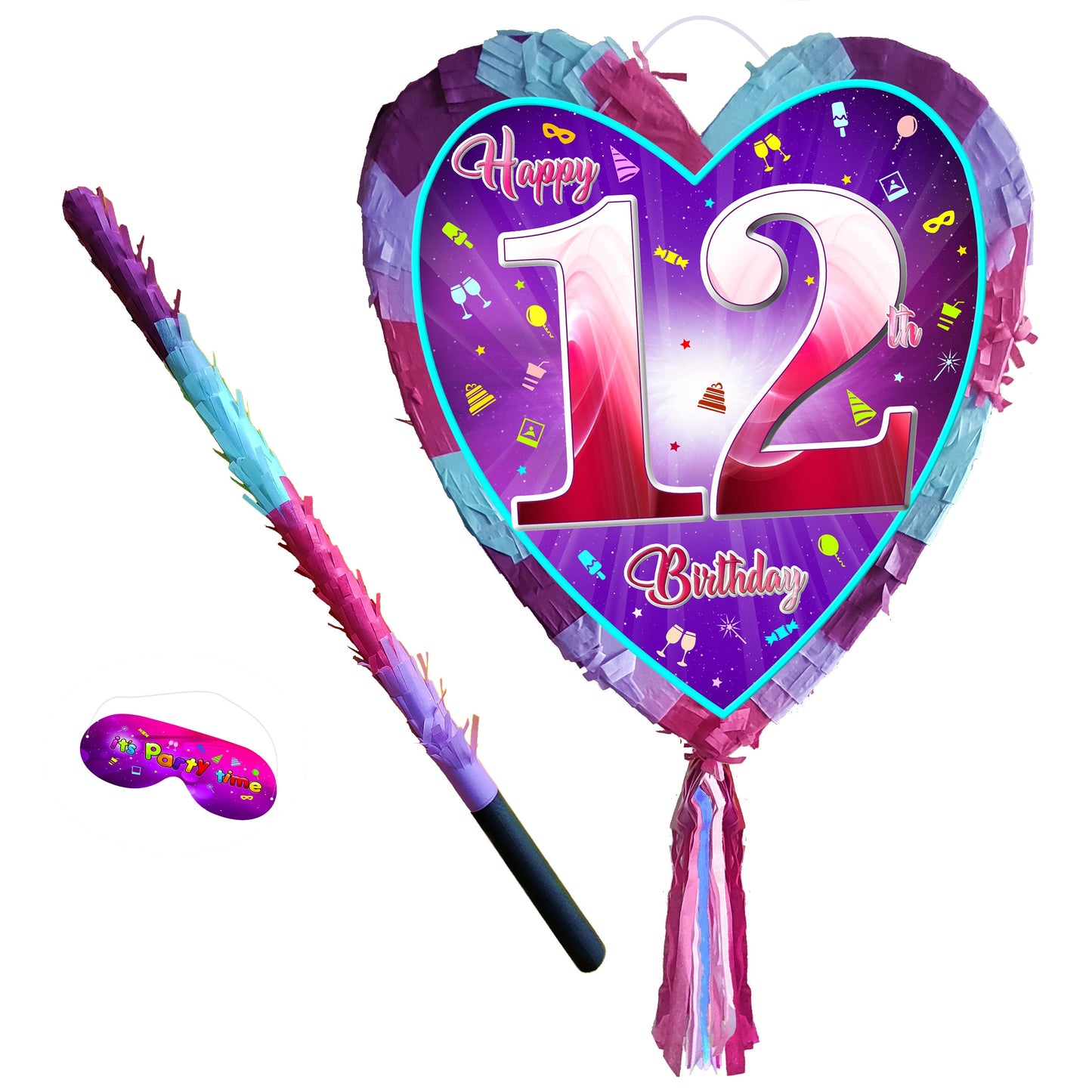 12th Birthday heart pinata with stick twelfth Piñata girls Party love theme supplies happy Smash Game twelve years pink unicorn Fun UK 12