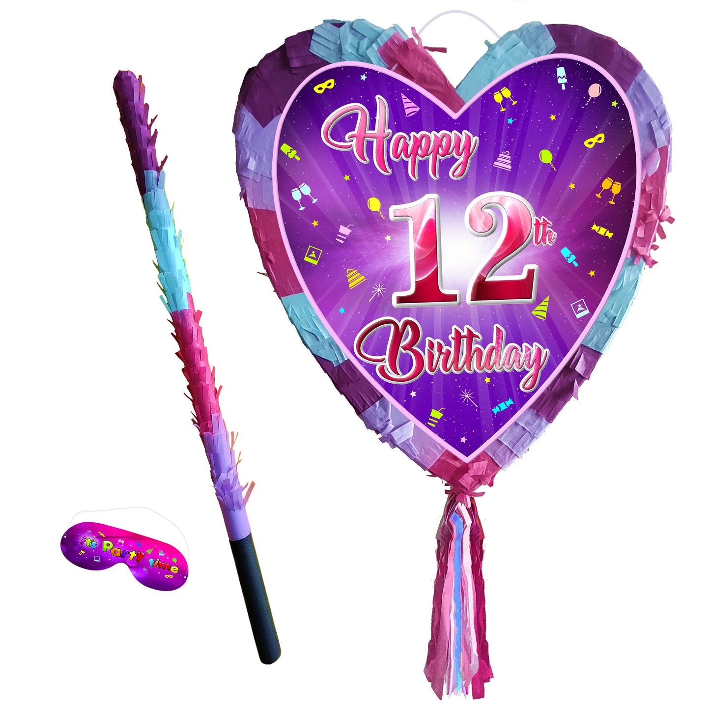 12th Birthday heart pinata with stick twelfth Piñata girls Party love theme supplies happy Smash Game twelve years pink unicorn Fun UK 12