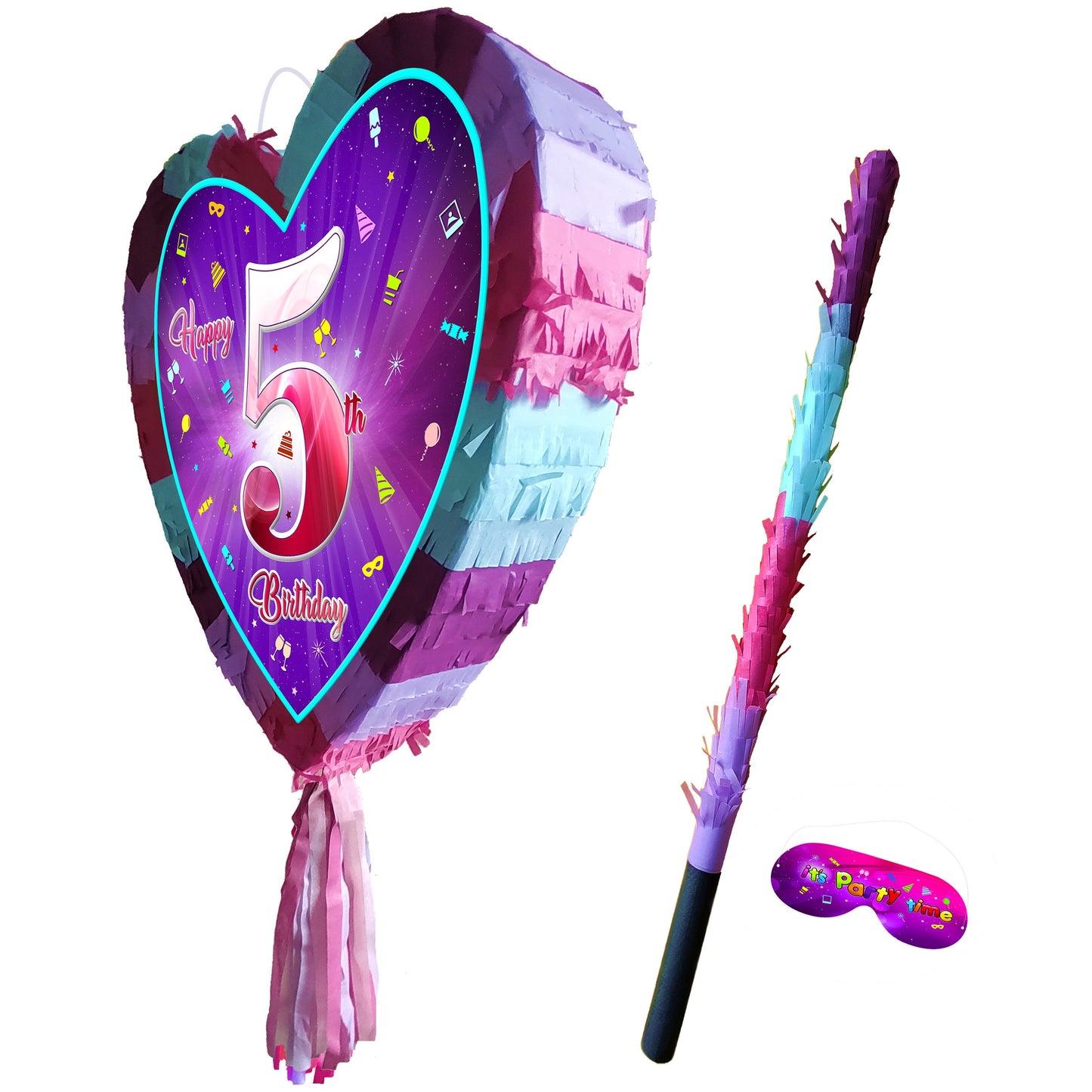 5th Birthday heart pinata with stick fifth Piñata girls Party love theme supplies happy Smash Game number five years pink unicorn Fun UK 5