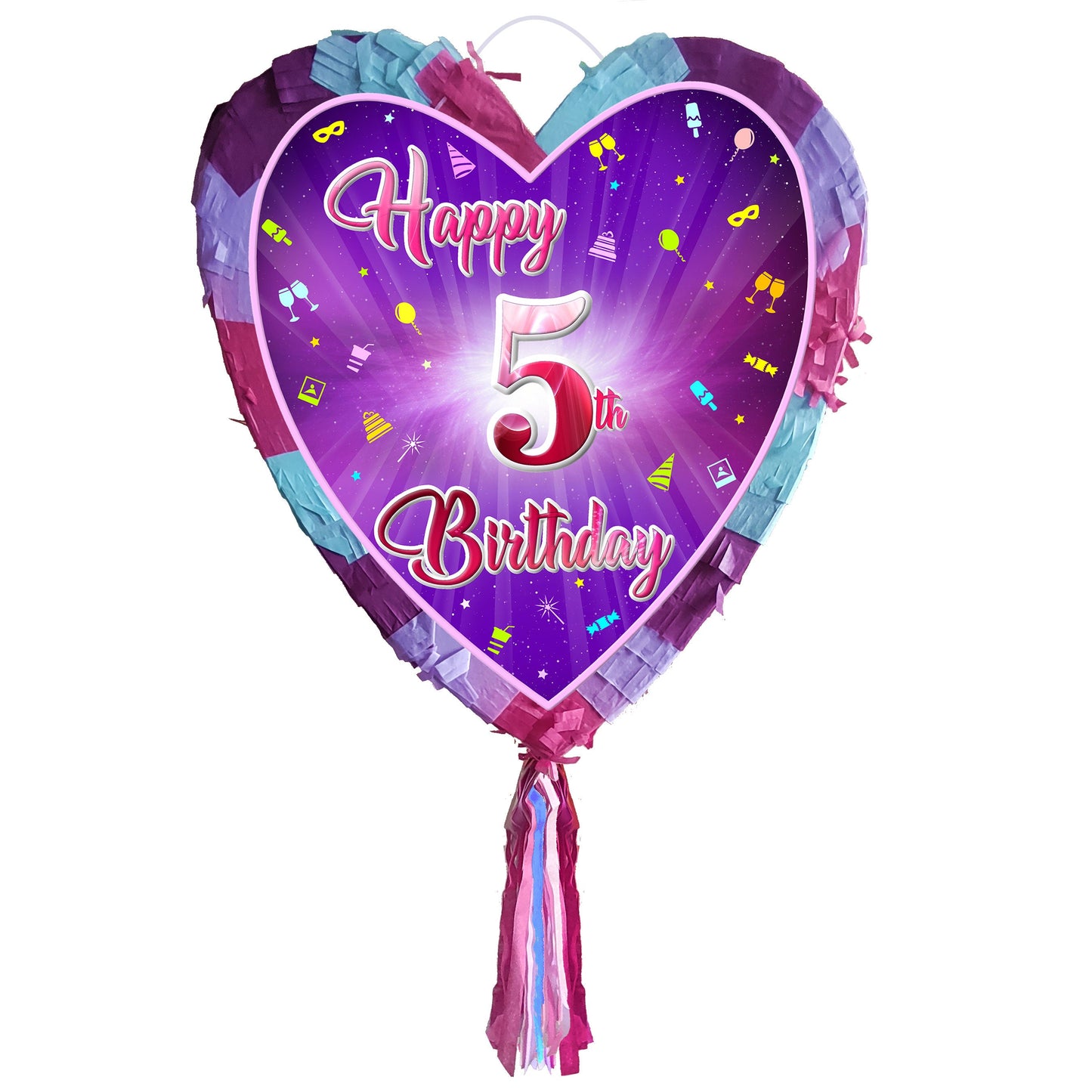 5th Birthday heart pinata with stick fifth Piñata girls Party love theme supplies happy Smash Game number five years pink unicorn Fun UK 5