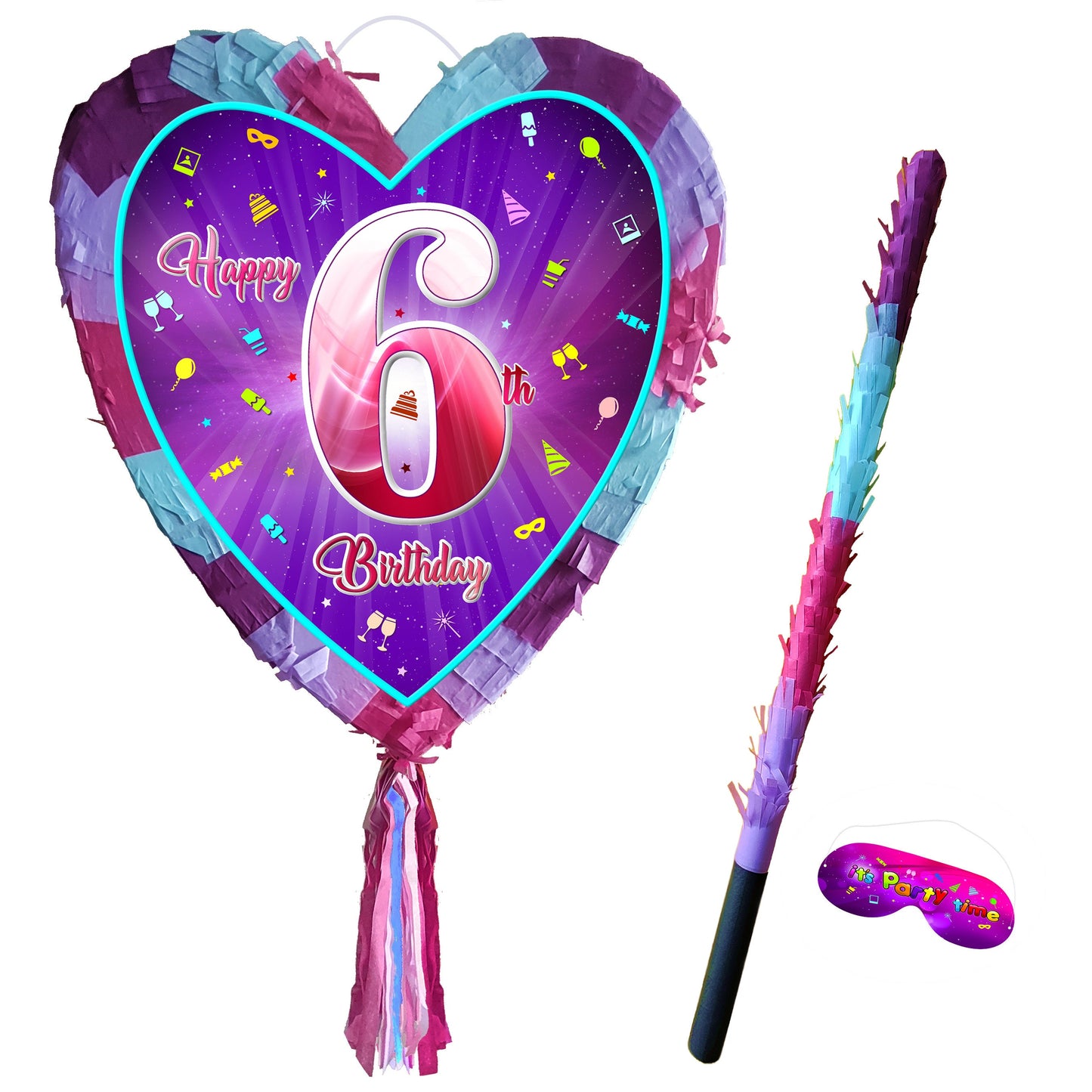 6th Birthday heart pinata with stick sixth Piñata girls Party love theme supplies happy Smash Game number six years pink unicorn Fun UK 6