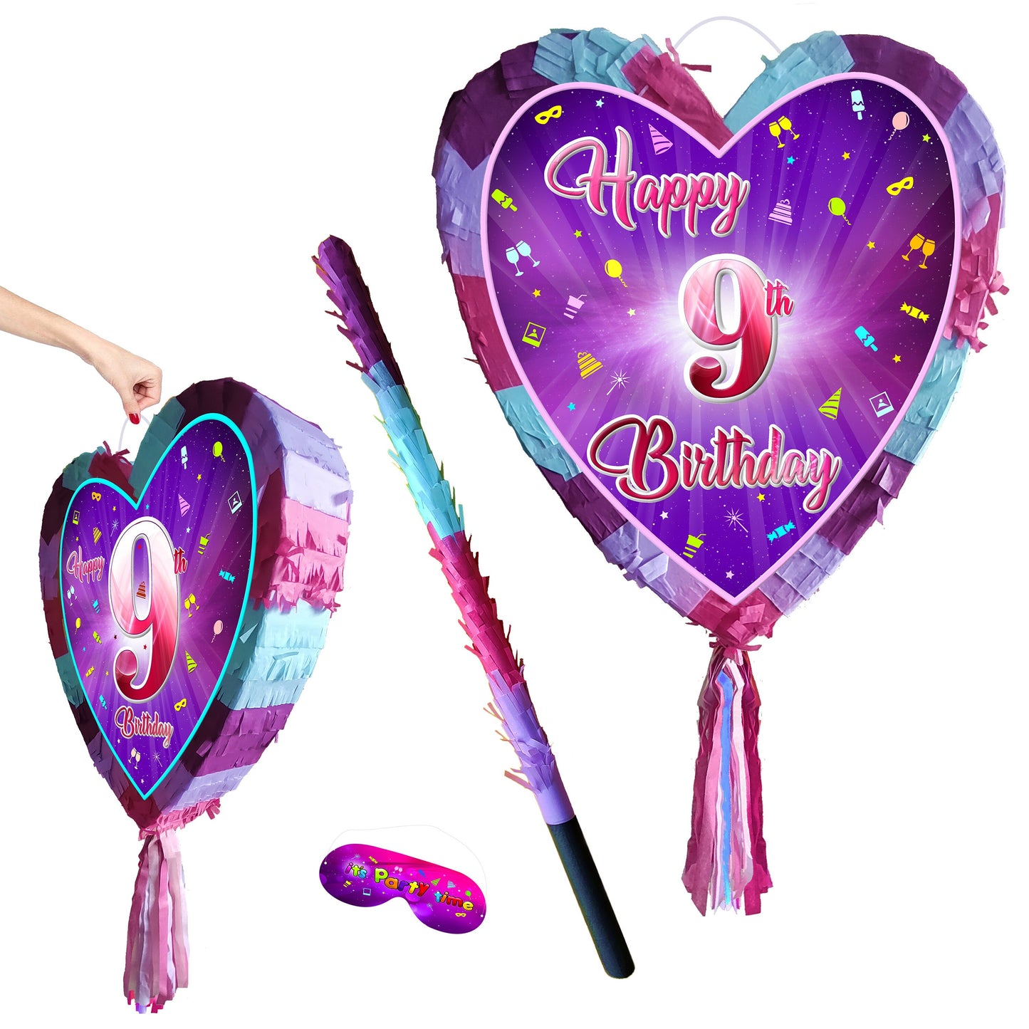 9th Birthday heart pinata with stick ninth Piñata girls Party love theme supplies happy Smash Game number nine years pink unicorn Fun UK 9