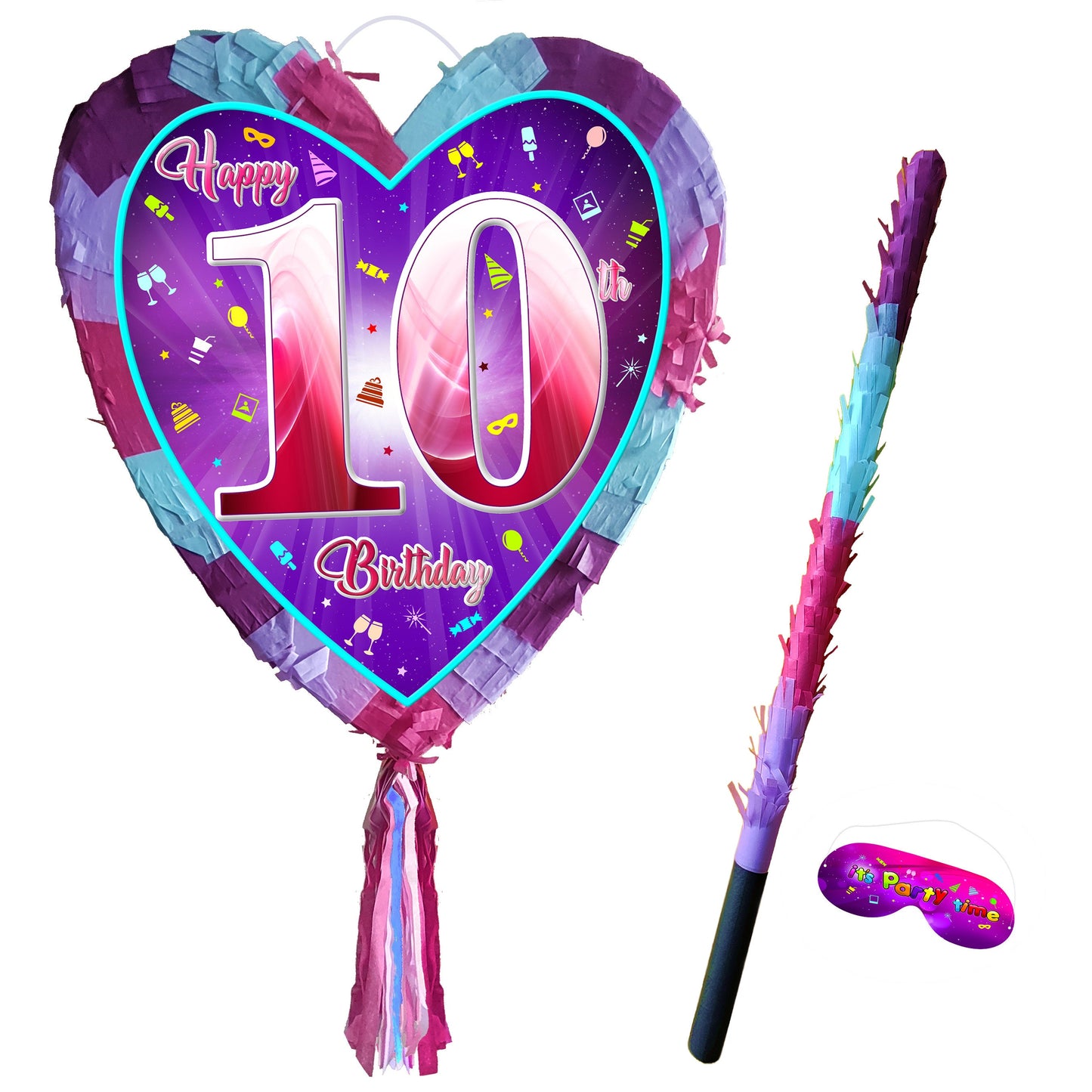 10th  Birthday Piñata Heart Shape with Stick – Pink Unicorn Party Game, Fun Smash Piñata for Girls, Love Theme Party Supplies