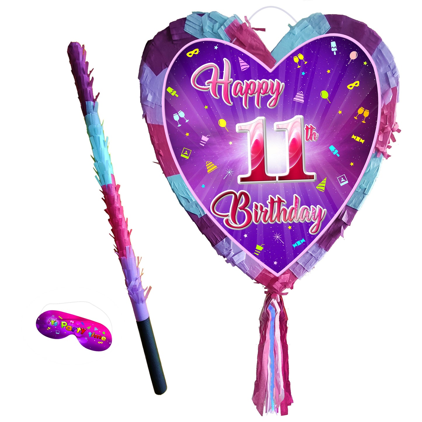 11th Birthday heart pinata with stick eleventh Piñata girls Party love theme supplies happy Smash Game eleven years pink unicorn Fun UK 11