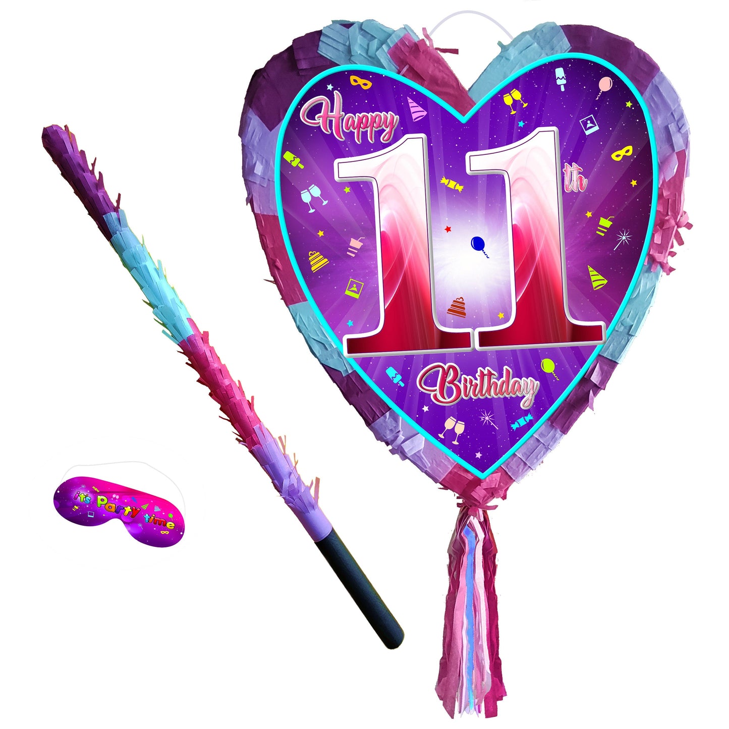 11th Birthday heart pinata with stick eleventh Piñata girls Party love theme supplies happy Smash Game eleven years pink unicorn Fun UK 11