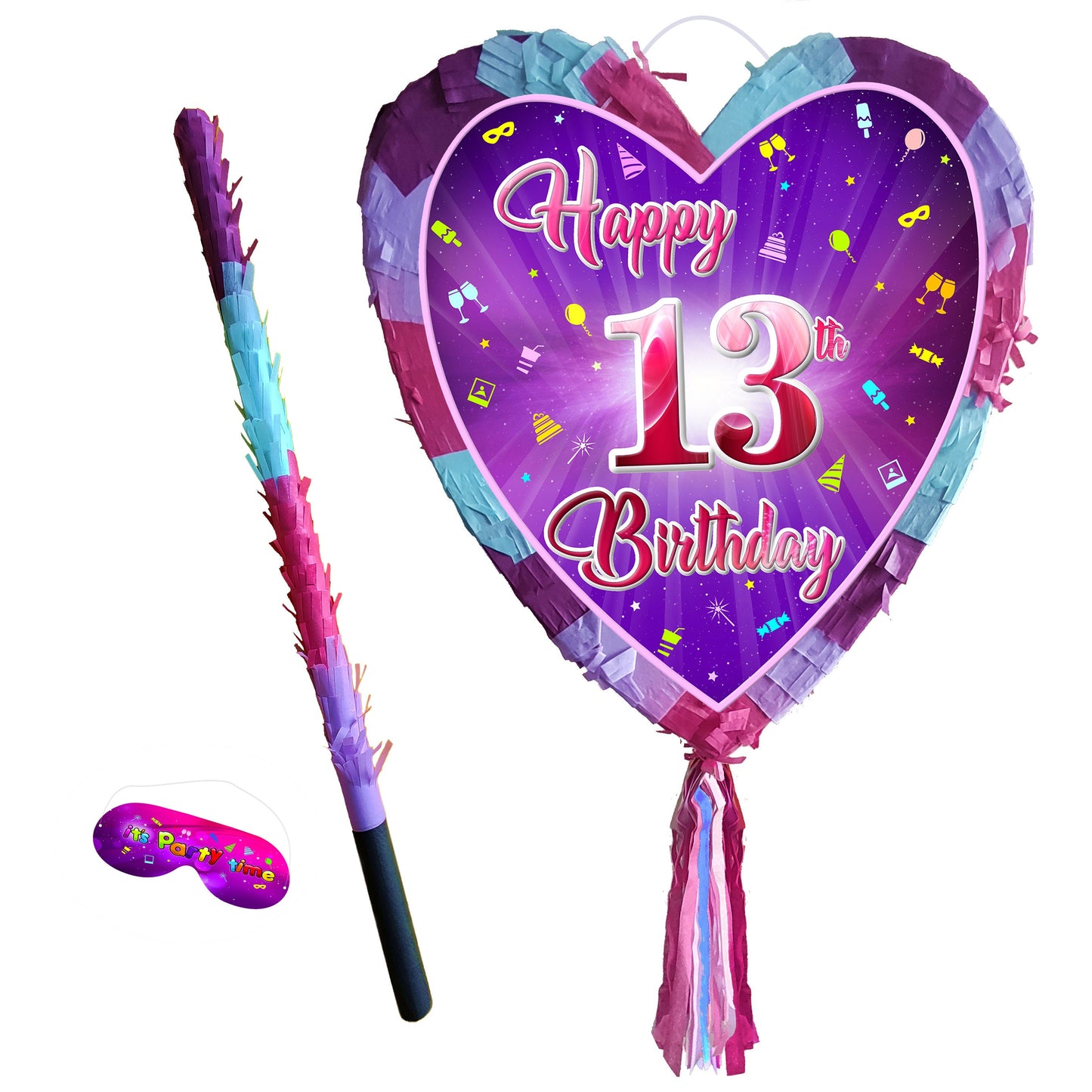 13th Birthday heart pinata with stick thirteenth Piñata girls Party love theme supplies happy Smash Game thirteen years pink unicorn Fun UK