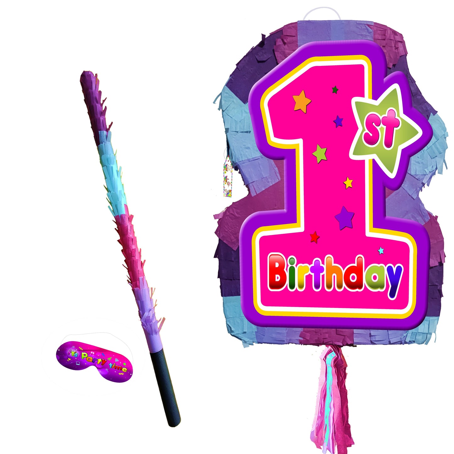 Girl First Birthday Pinata multicoloured theme 1st party star number one smash game stick blindfold baby supplies pink large decorations UK