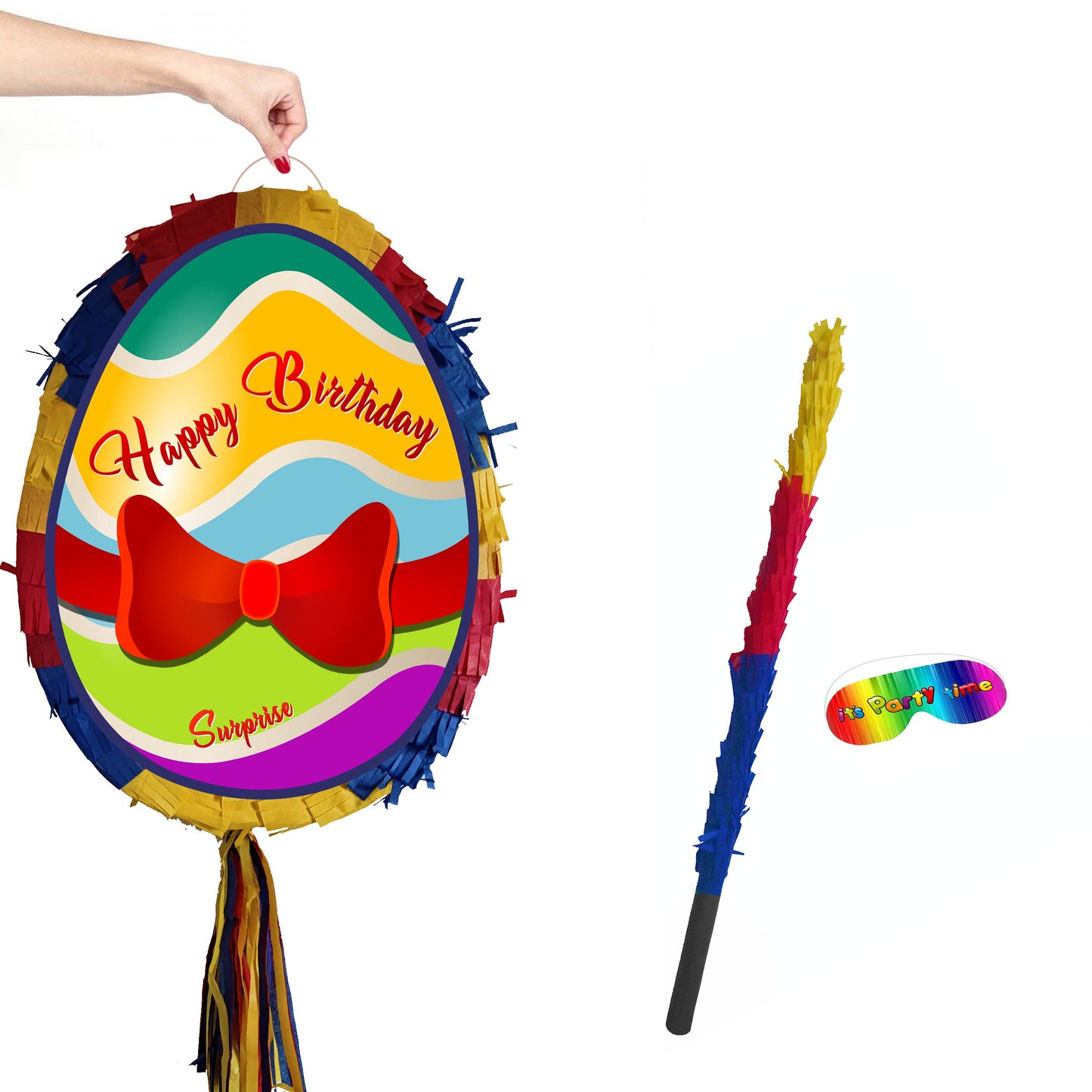 Egg Pinata with stick and blindfold surprise hunt good Friday happy bunny party bonnet basket Pascha Resurrection Sunday UK Birthday Easter