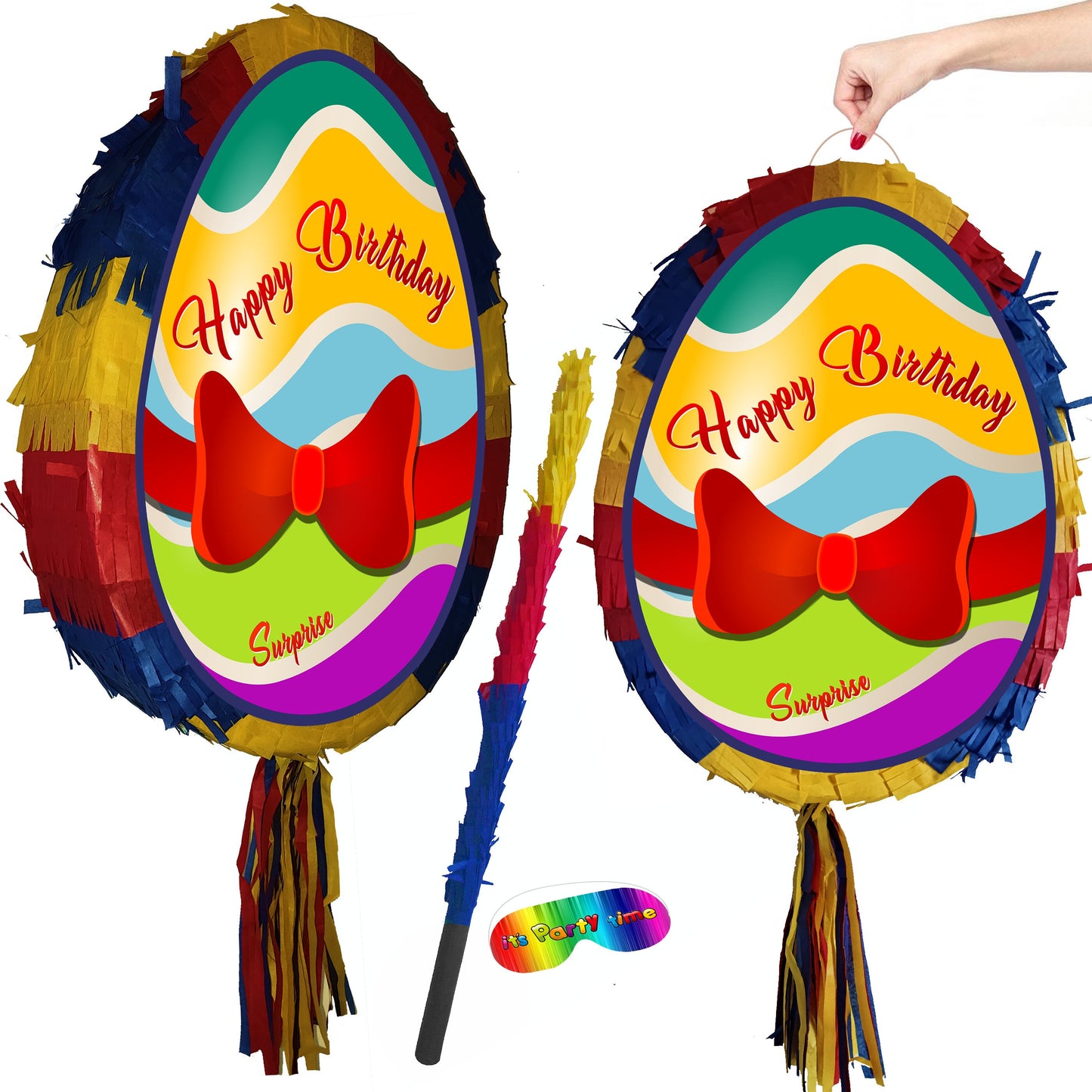 Egg Pinata with stick and blindfold surprise hunt good Friday happy bunny party bonnet basket Pascha Resurrection Sunday UK Birthday Easter