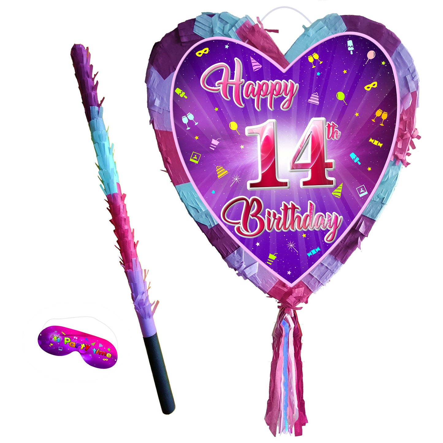 14th Birthday Piñata Heart Shape with Stick Pink Unicorn Party Game, Fun Smash Piñata for Girls, Love Theme Party Supplies