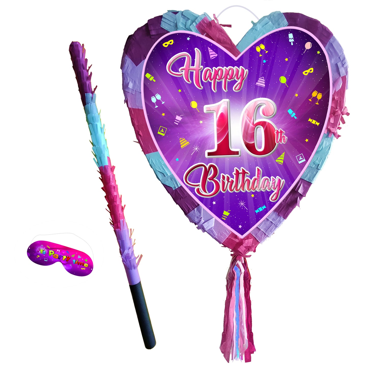 16th Birthday heart pinata with stick sixteen Piñata girls Party love theme supplies happy Smash Game sixteenth years pink unicorn Fun 16 UK