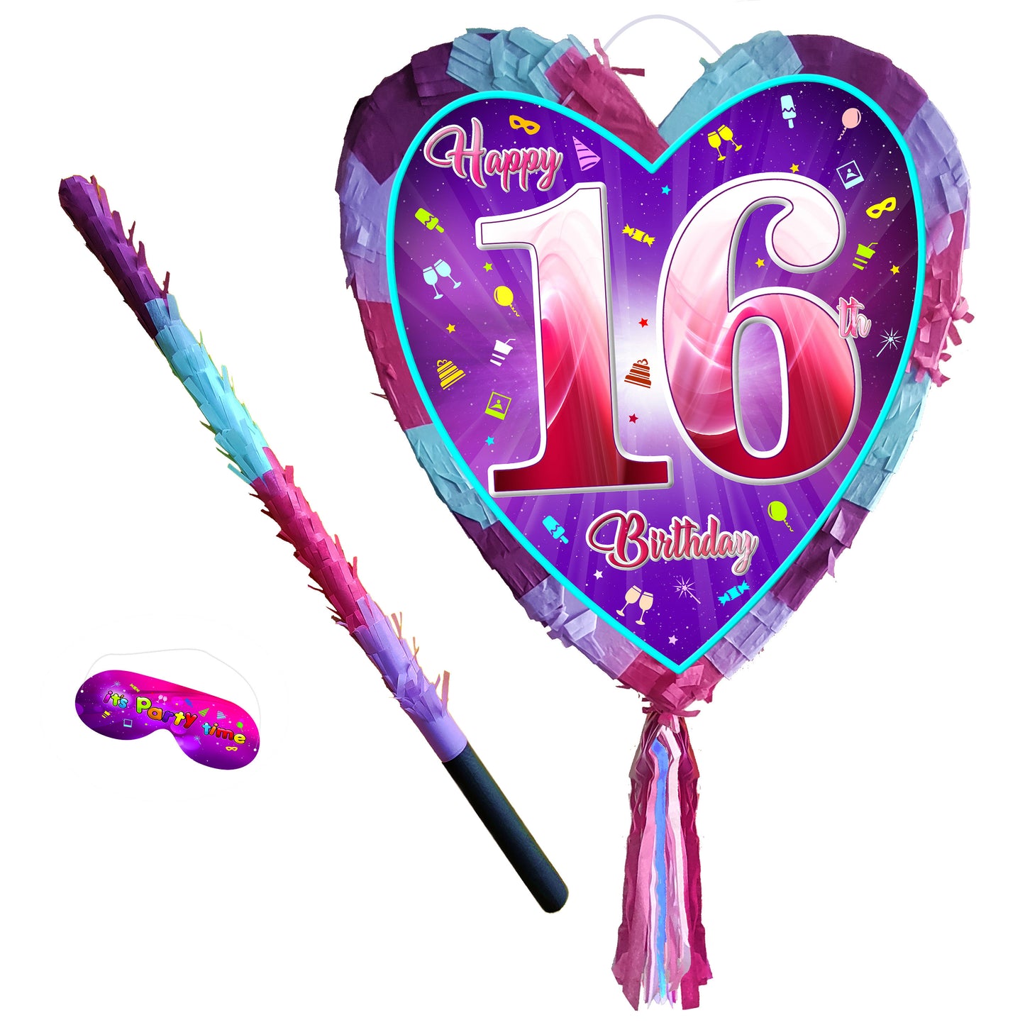 16th Birthday heart pinata with stick sixteen Piñata girls Party love theme supplies happy Smash Game sixteenth years pink unicorn Fun 16 UK