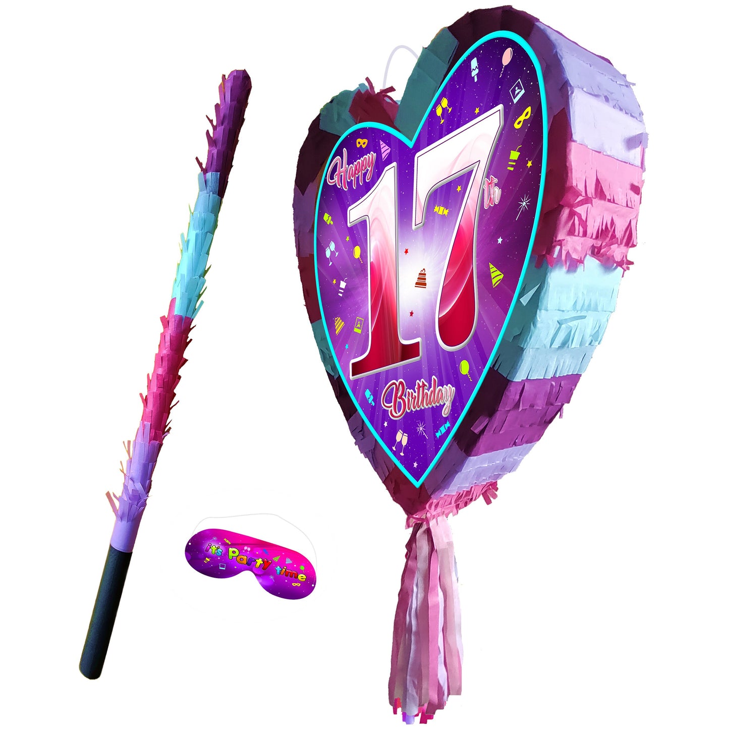 17th Birthday heart pinata with stick seventeen Piñata girls Party love theme supplies happy Smash Game seventeenth years pink teen Fun 17