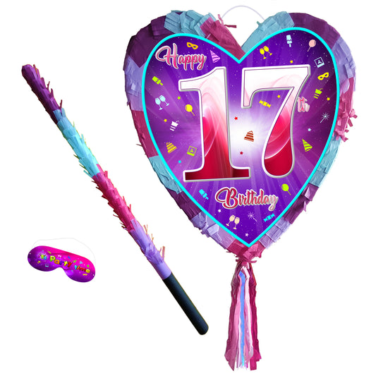 17th Birthday heart pinata with stick seventeen Piñata girls Party love theme supplies happy Smash Game seventeenth years pink teen Fun 17