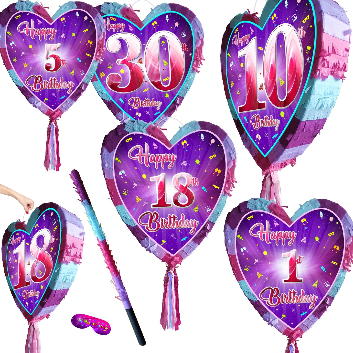 65th Birthday heart pinata with stick girls Party love theme supplies Piñata happy Game sixty fifth five year pink purple 65 diamond jubilee