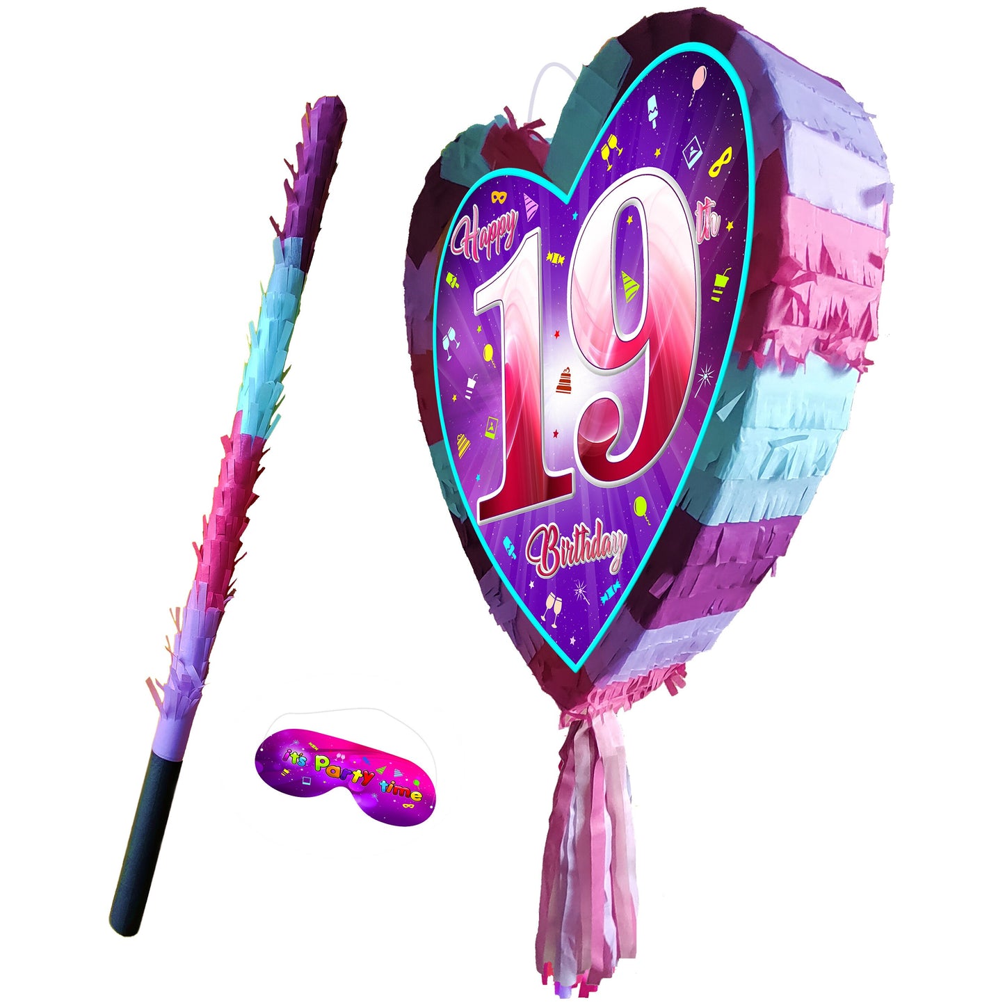 19th Birthday heart pinata with stick nineteen Piñata girls Party love theme supplies happy Game nineteenth year pink purple 19 adult age UK