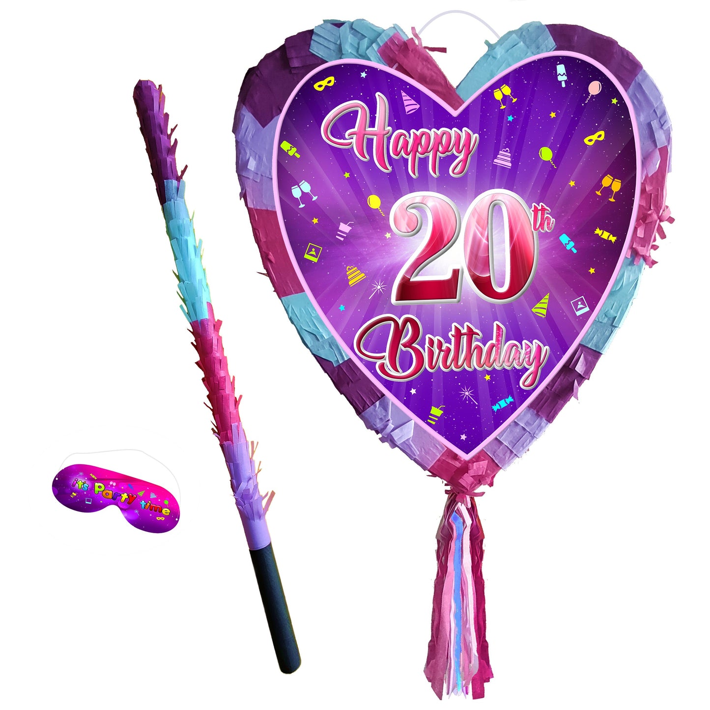 20th Birthday heart pinata with stick twenty Piñata girls Party love theme supplies happy Game twentieth year pink purple fun 20 adult age