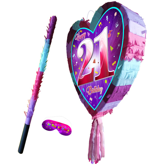 21st Birthday heart pinata with stick twenty-first Piñata girls Party love theme supplies happy Game twenty one year pink purple fun 21