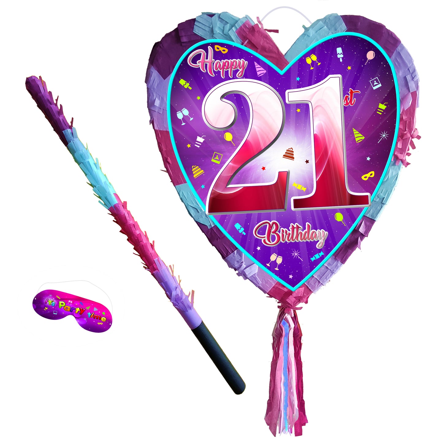 21st Birthday heart pinata with stick twenty-first Piñata girls Party love theme supplies happy Game twenty one year pink purple fun 21