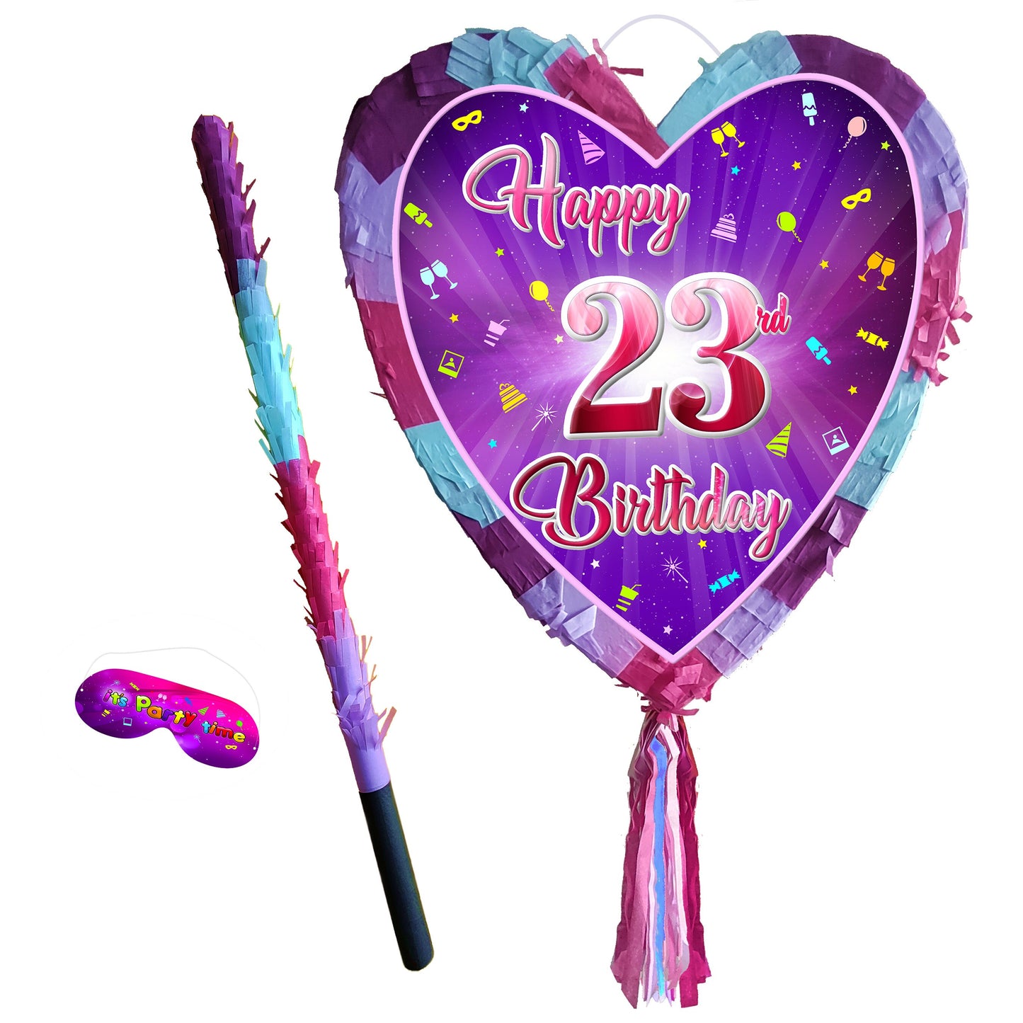 23rd Birthday heart pinata with stick twenty-three Piñata girls Party love theme supplies happy Game twenty-third year pink purple fun 23 UK