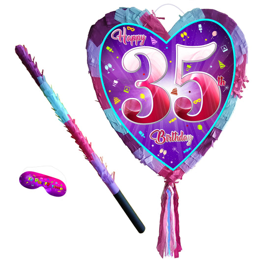 35th Birthday heart pinata with stick thirty-five Piñata girls Party love theme supplies happy Game thirty-fifth year pink purple fun 35 UK