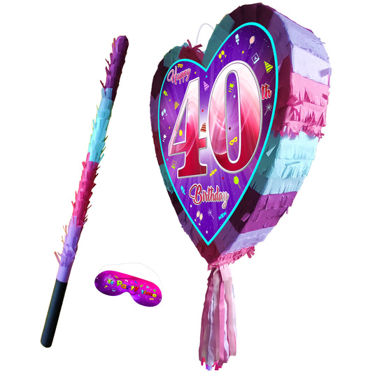 40th Birthday heart pinata with stick forty Piñata girls Party love theme supplies happy Game fortieth year pink purple fun 40 Ruby Jubilee