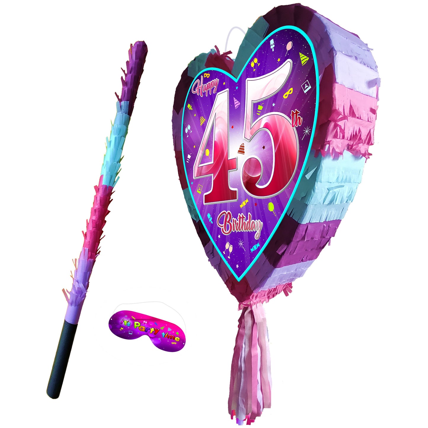 45th Birthday heart pinata with stick forty-five Piñata girls Party love theme supplies happy Game forty-fifth year pink purple fun 45 UK