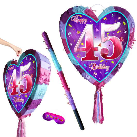 45th Birthday heart pinata with stick forty-five Piñata girls Party love theme supplies happy Game forty-fifth year pink purple fun 45 UK