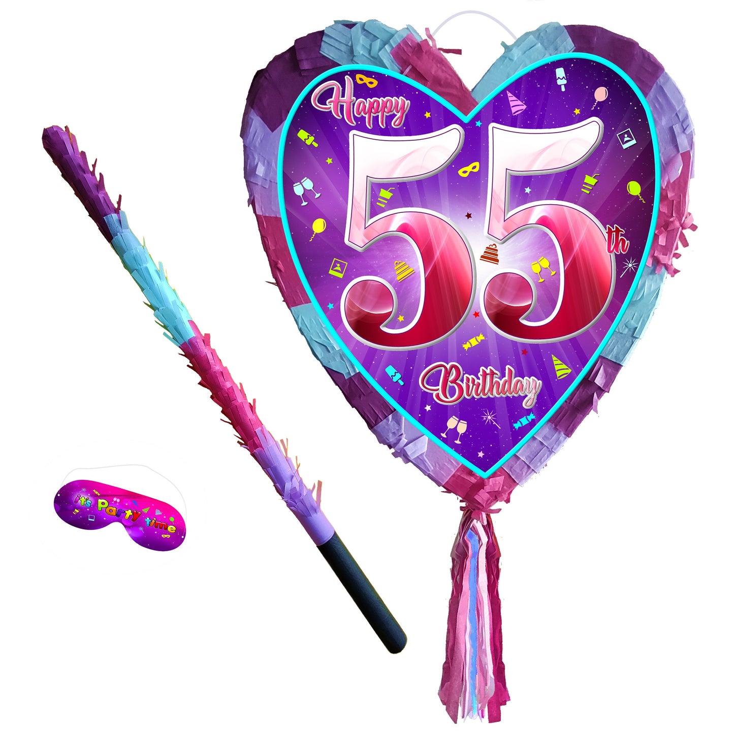 55th Birthday heart pinata with stick Piñata girls Party love theme supplies happy Game fifty fifth five year pink purple 55 jubilee golden