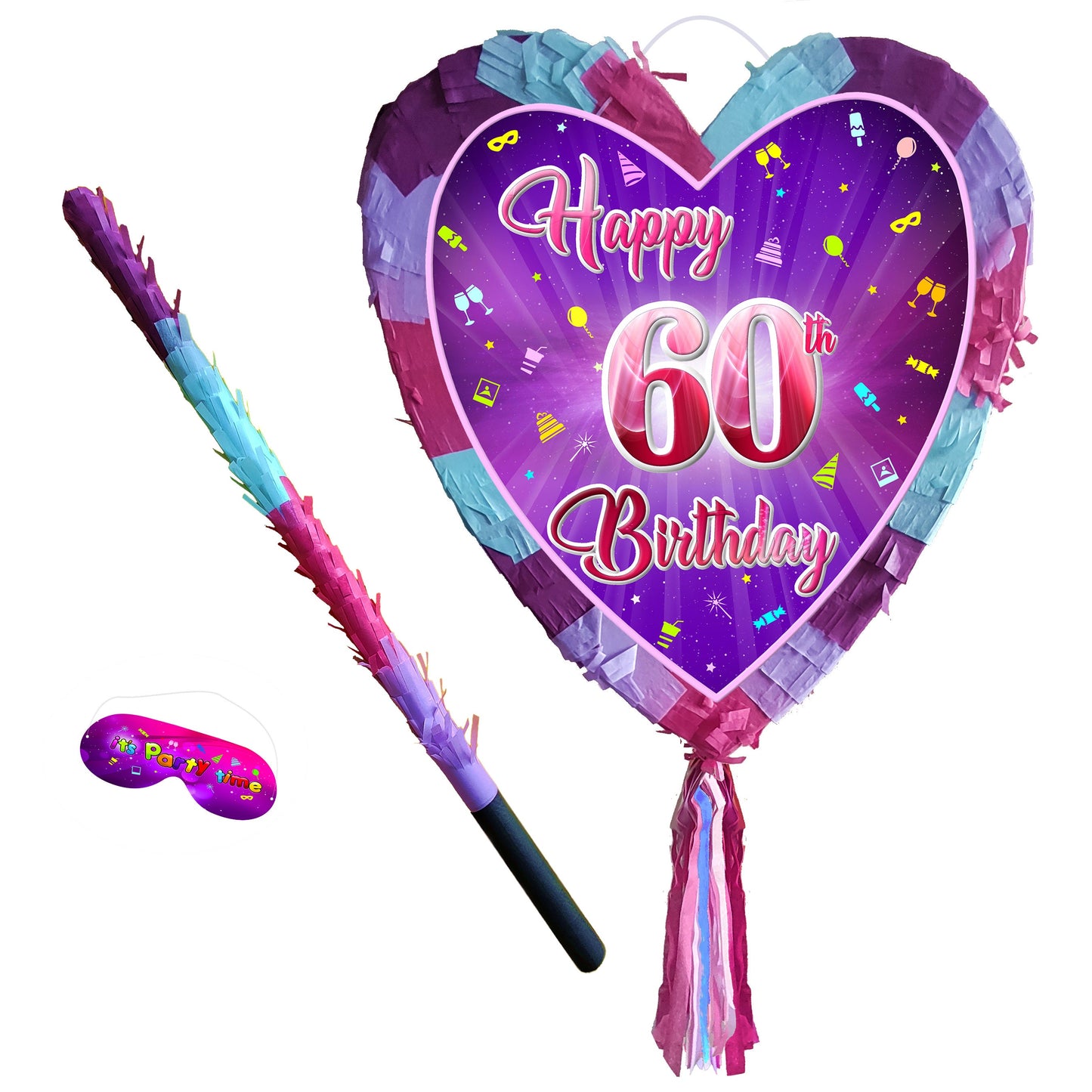 60th Birthday heart pinata with stick sixty Piñata girls Party love theme supplies happy Game sixtieth year pink purple 60 Ladies jubilee