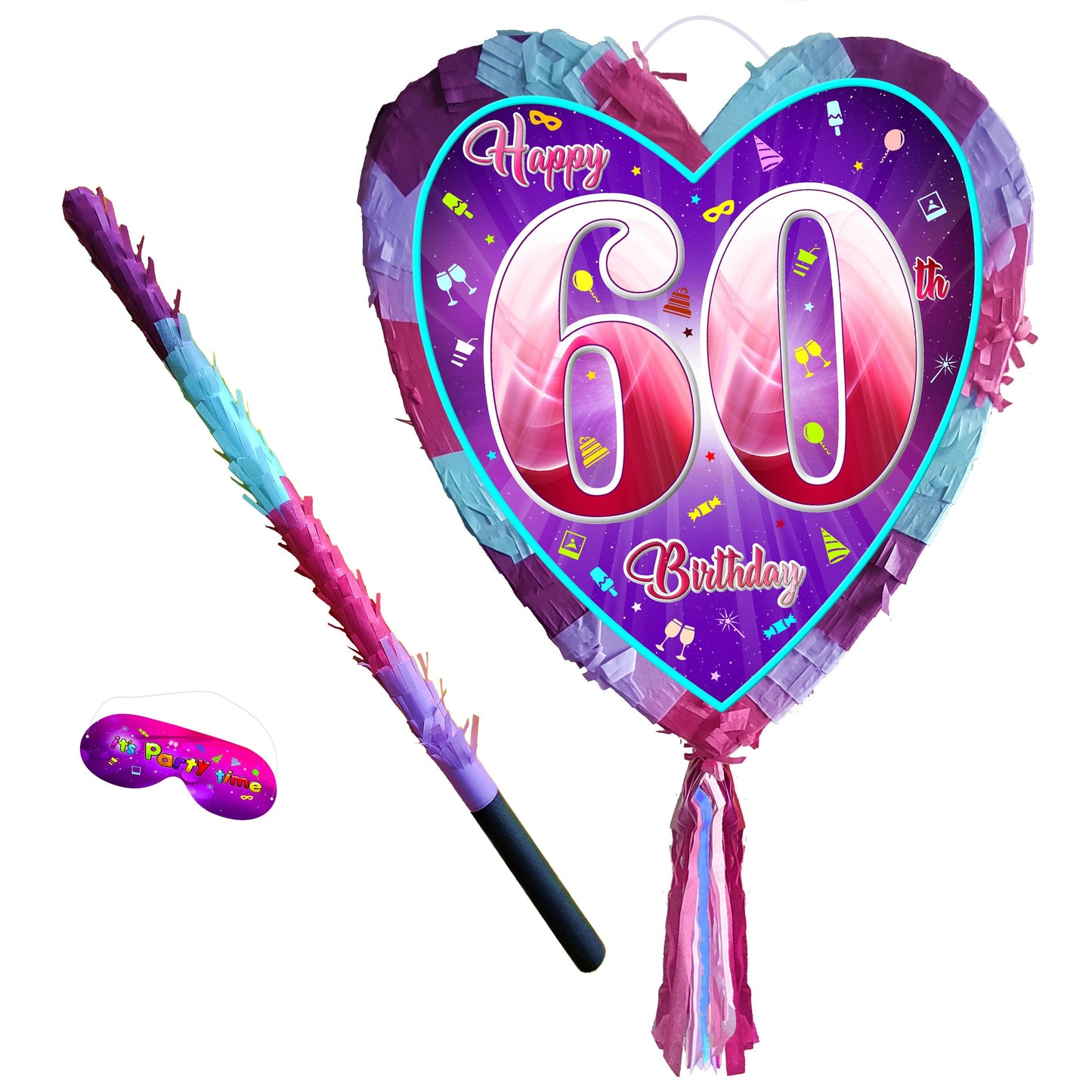 60th Birthday heart pinata with stick sixty Piñata girls Party love theme supplies happy Game sixtieth year pink purple 60 Ladies jubilee