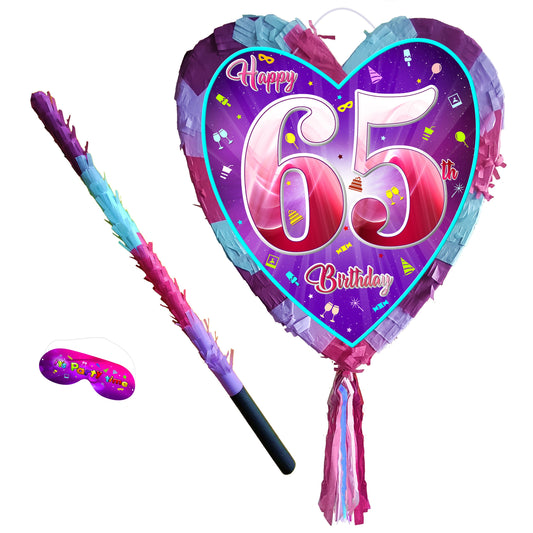 65th Birthday heart pinata with stick girls Party love theme supplies Piñata happy Game sixty fifth five year pink purple 65 diamond jubilee