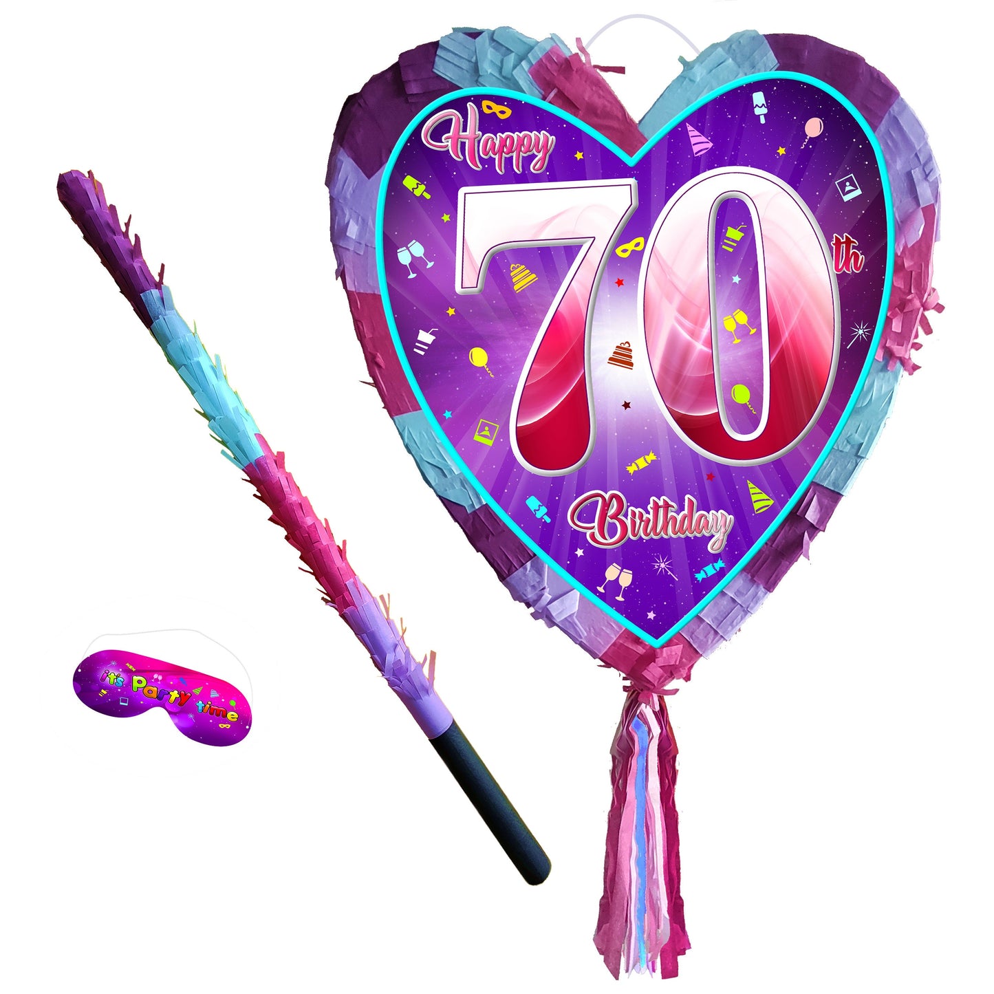 70th Birthday heart pinata with stick seventy Piñata girls Party love theme supplies happy Game seventieth year 70 Ladies platinum jubilee