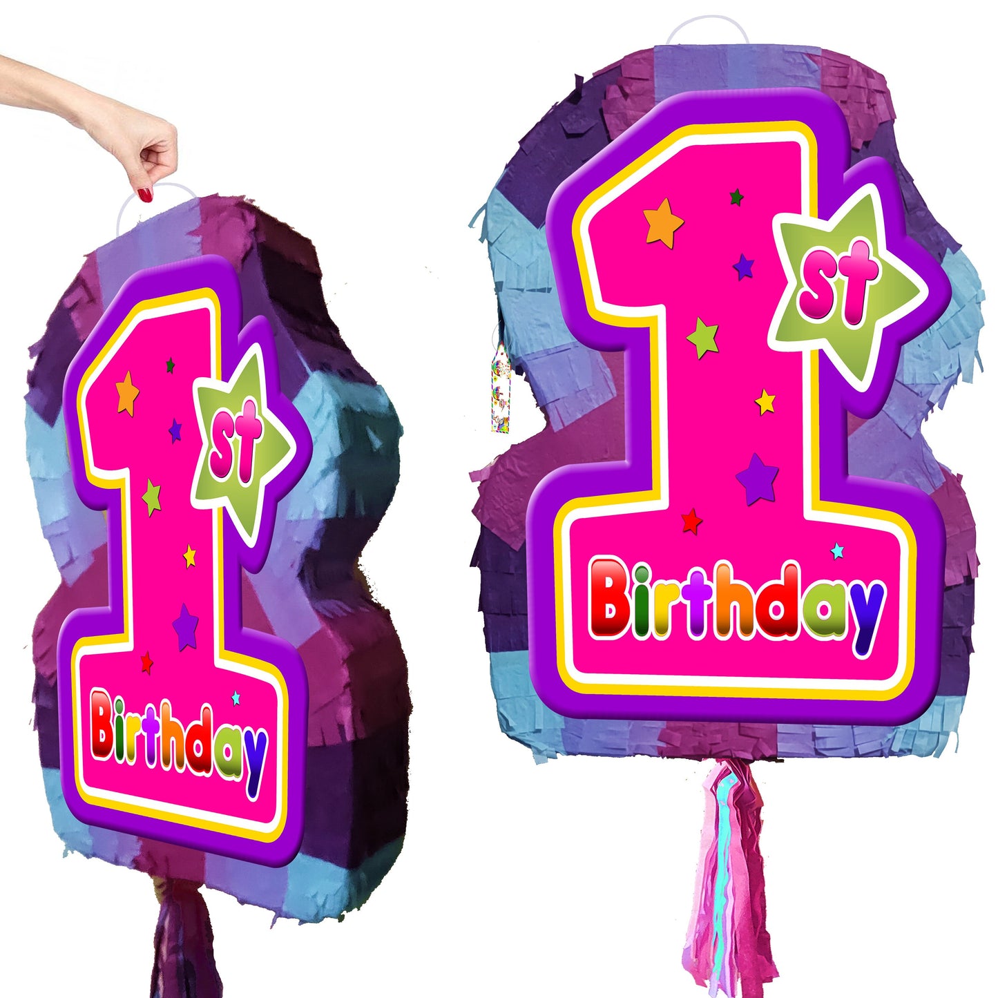 Girl First Birthday Pinata multicoloured theme 1st party star number one smash game stick blindfold baby supplies pink large decorations UK