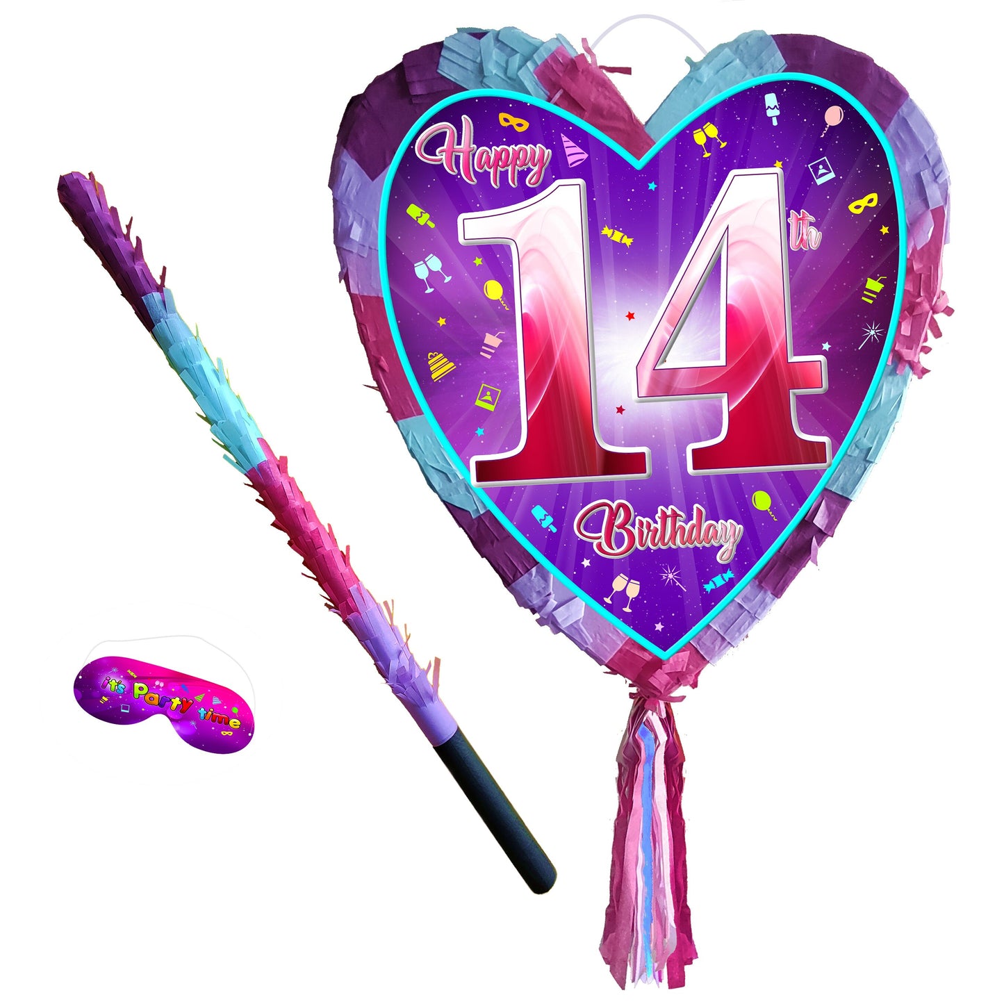 14th Birthday Piñata Heart Shape with Stick Pink Unicorn Party Game, Fun Smash Piñata for Girls, Love Theme Party Supplies