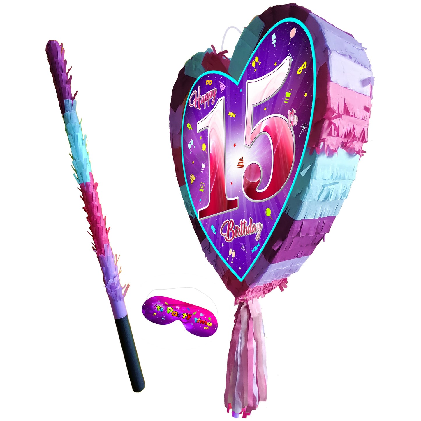 15th Birthday Piñata Heart Shape with Stick Pink Unicorn Party Game, Fun Smash Piñata for Girls, Love Theme Party Supplies