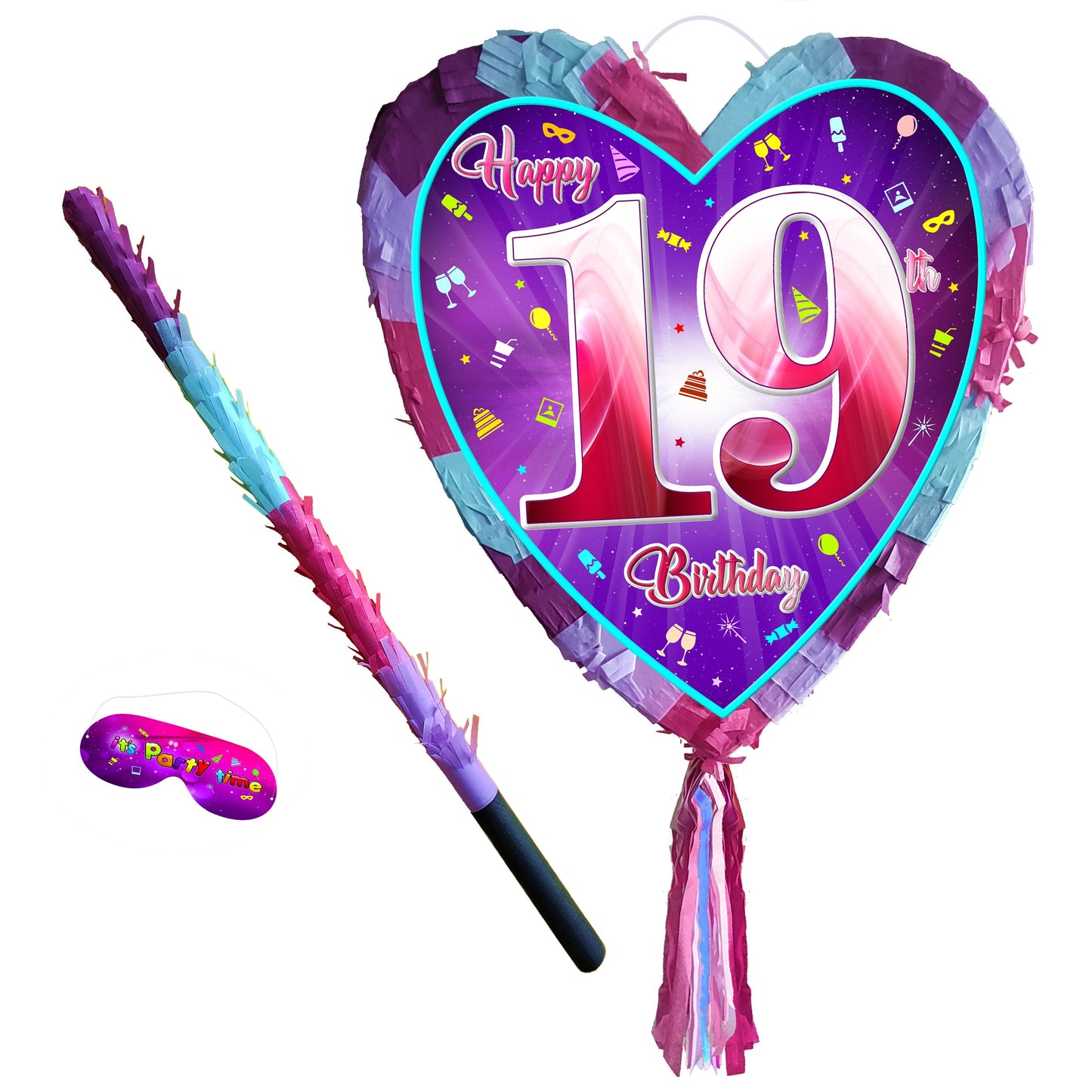 19th Birthday heart pinata with stick nineteen Piñata girls Party love theme supplies happy Game nineteenth year pink purple 19 adult age UK